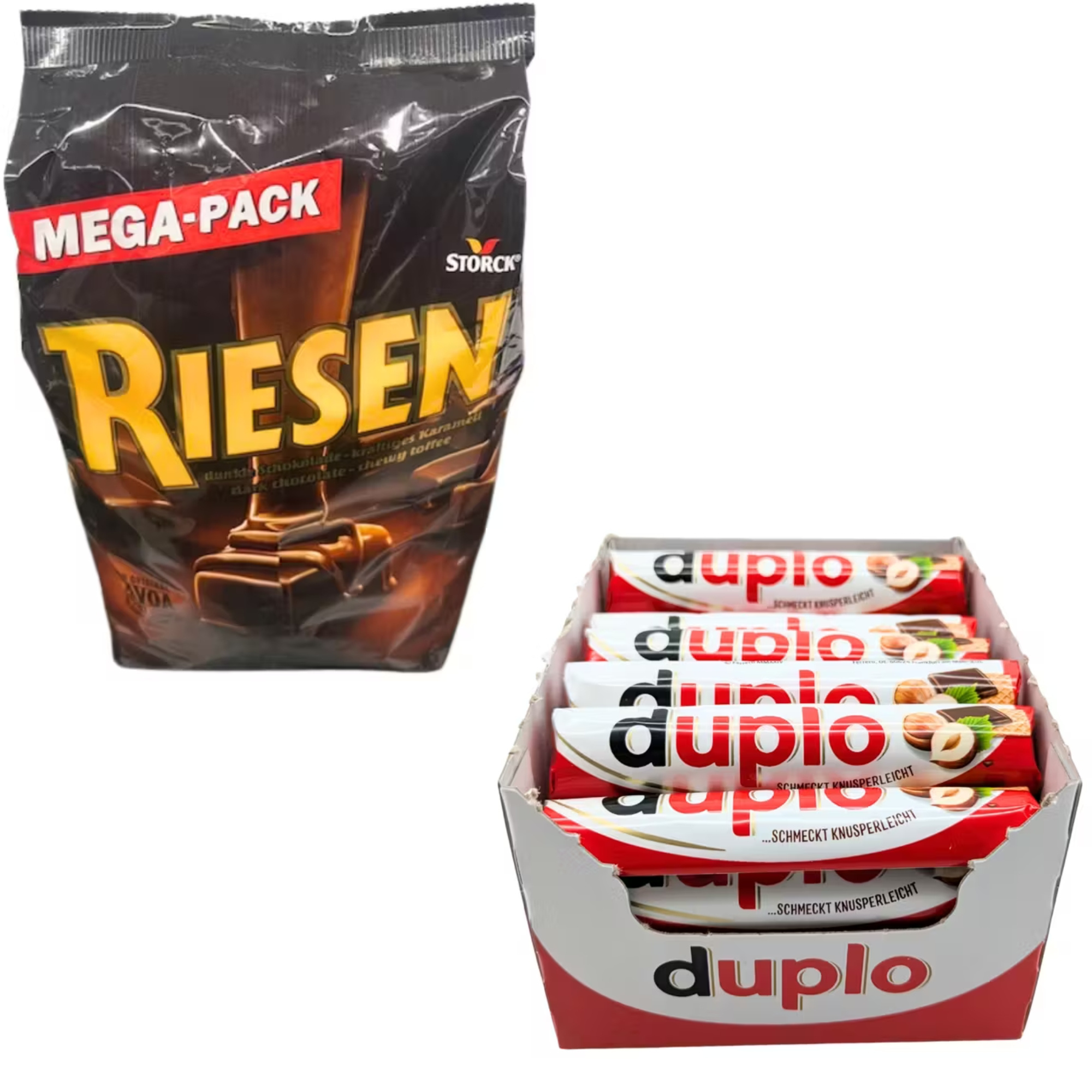E-shop Mischpaket Ferrero Duplo Riegel Classic 40x18,2g Karton + Megapack 900g | Gesamtinhalt 1628g | Beutel Schokolade Toffees für Kinder und