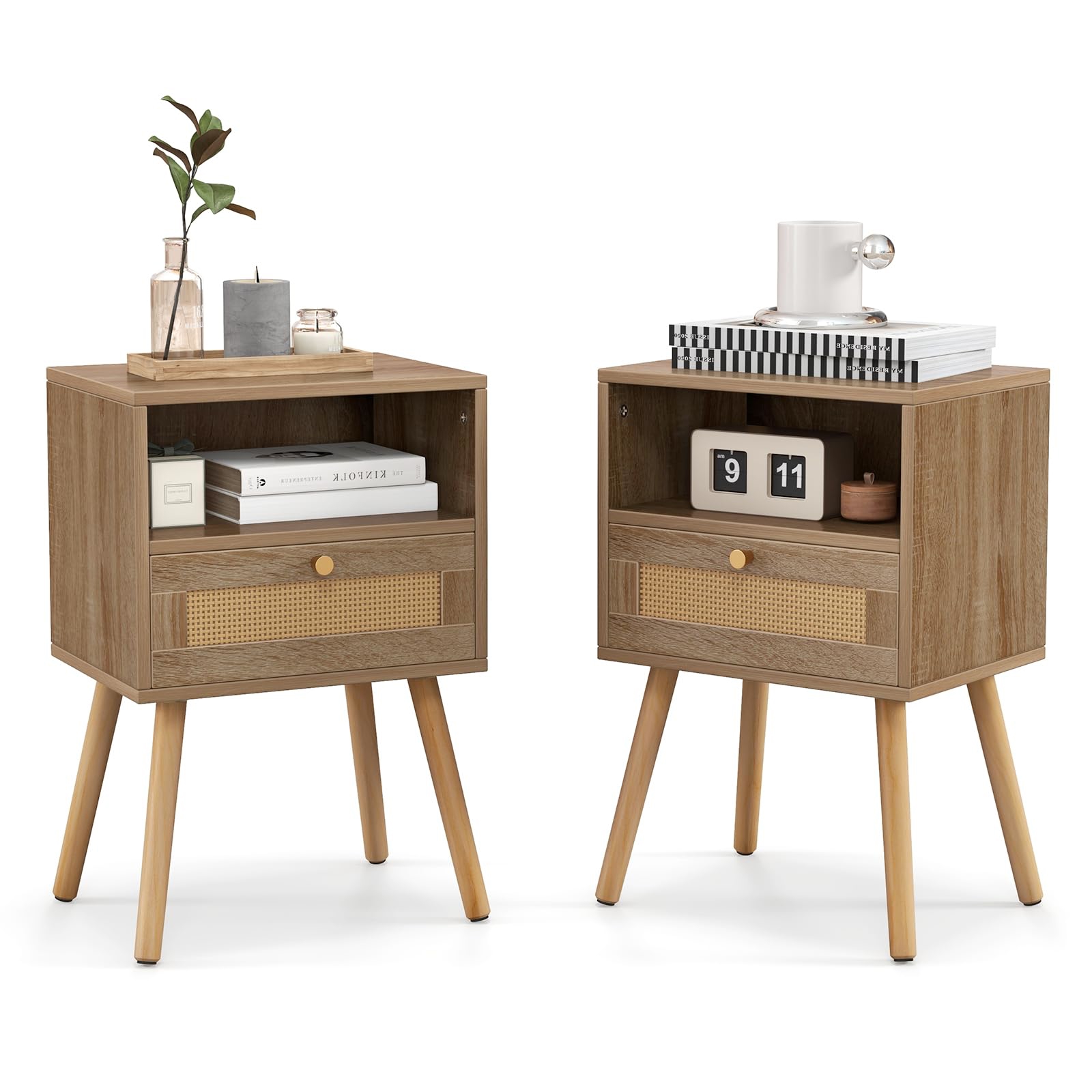 Rattan Nightstand Set Of 2, Home Boho Small Side End Table W/ Drawer, 2pcs Solid Wood Support Bedside Table, Compact Modern Coffee Table, Multifunctional Accent Table For Living Room, Bedroom