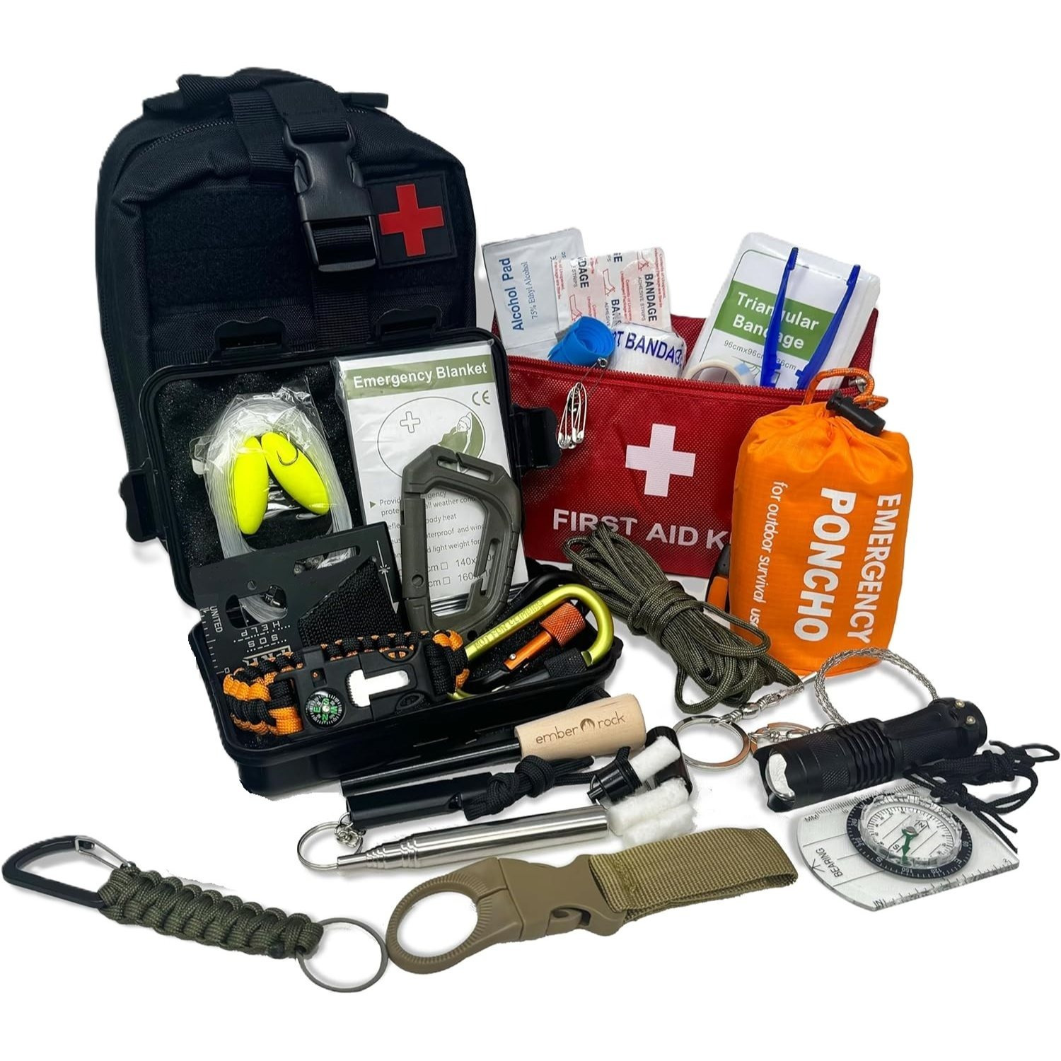 TEMU Emergency Survival Kit - 22 In 1 Outdoor Bushcraft Equipment - Molle Tactical Pouch - Camping Hiking Hunting Gear