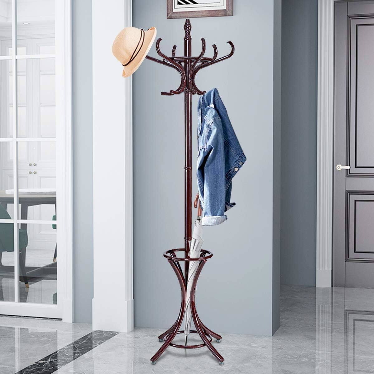 Standing Coat Rack Wood 12 Hooks Home Hat Jacket Hanger Tree 12 With Umbrella Holder Coat Stand (reddish Brown)