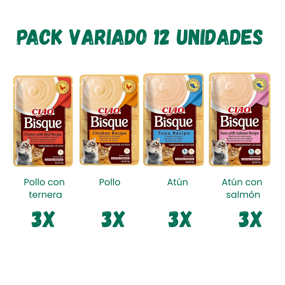 TEMU Pack Bisque (12 unidades 4 ) - para Gatos - Snacks Saludables - Sin , Sin Conservanteses, Sin Colorantes - Sólo 16 Calorías - 40g