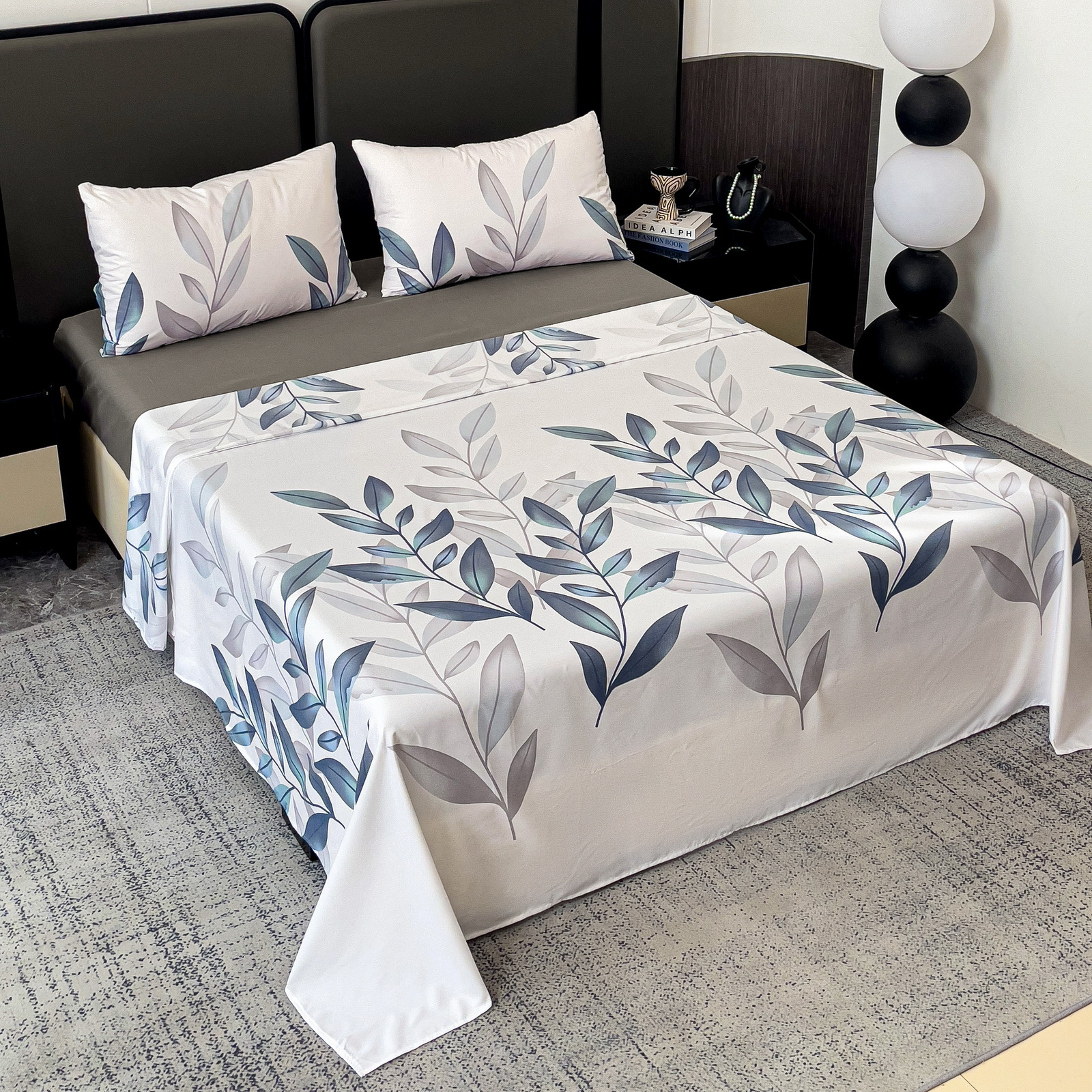 TEMU Juego de Sábanas de 3 o 4 Piezas con Estampado de Hojas, Juego de Cama y Transpirable, Sábana Encimera + Sábana Bajera Ajustable + Fundas de