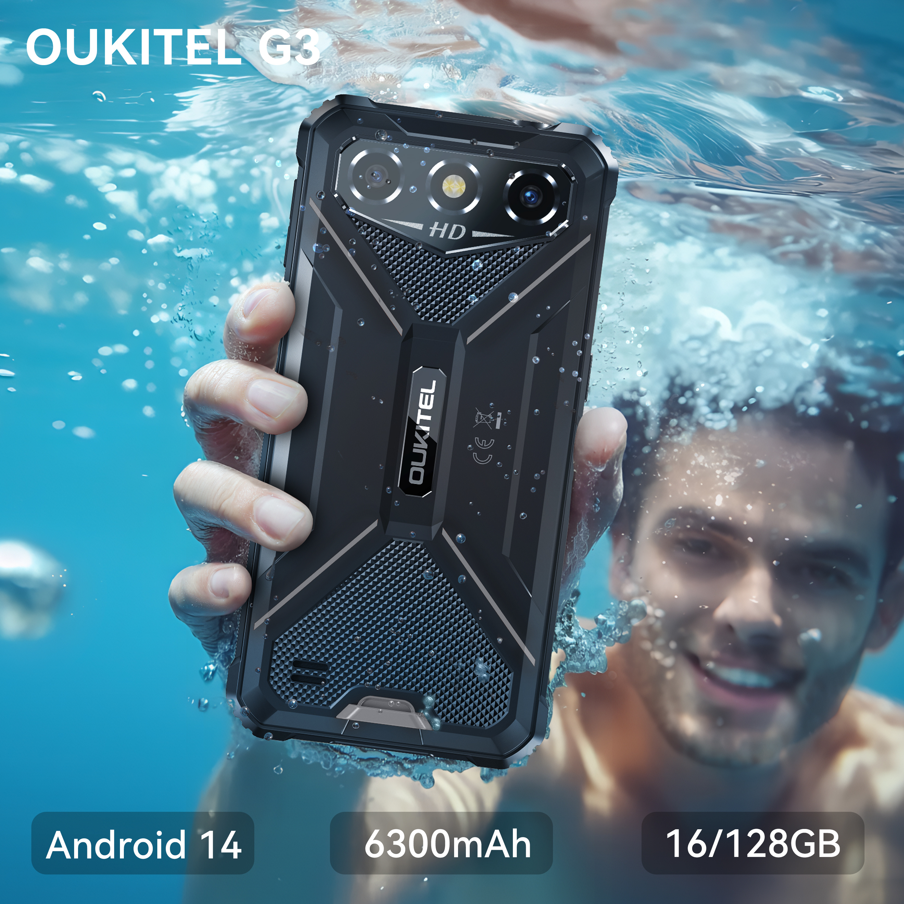OUKITEL G3 Rugged Smartphone | 16 (4+12)GB RAM+128GB ROM/1TB Expandable | 6300mAh Battery phone | 6.0 inch HD + Corning Glass 5 | Android 14 | IP68/69K Waterproof, 4G Dual,OTG,GPS,2025