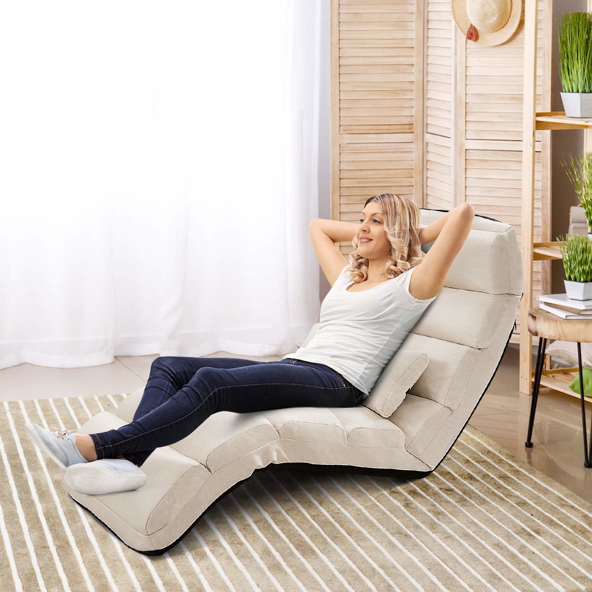 Folding Lazy Sofa Bed, Upholstered 5-position Adjustable Chaise Lounge W/ Back Support, Foldable Floor Sofa Chair W/ Pillow, Video Gaming Chair For Home, Office, Reading, Watching, Beige
