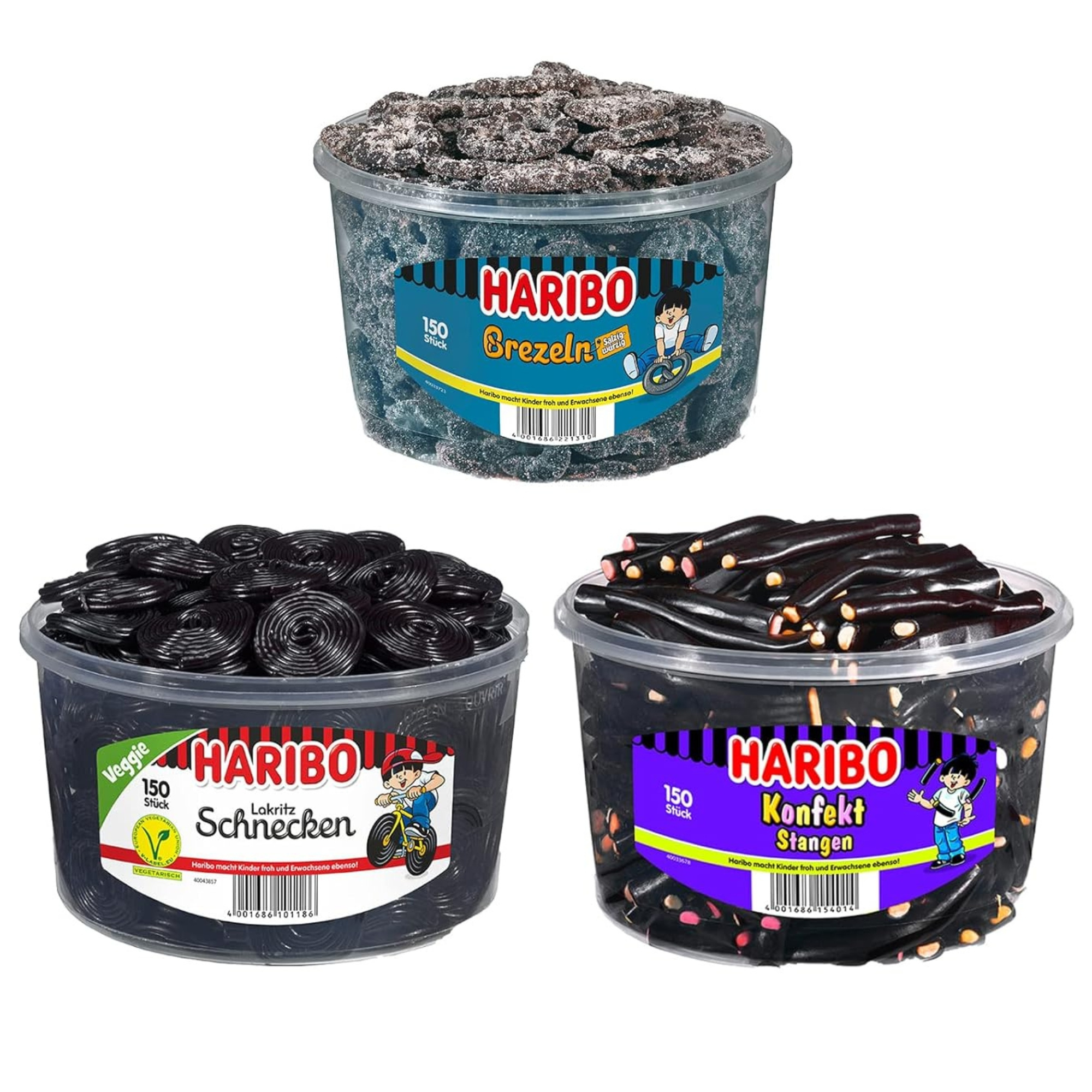 E-shop Haribo 3er Dosen Mix Set aus Konfektstangen 1,2kg, Salzbrezeln 1,05kg & Lakritz Schnecken 1,5kg | Gesamtinhalt 3,75kg | Süßigkeiten Mischpaket
