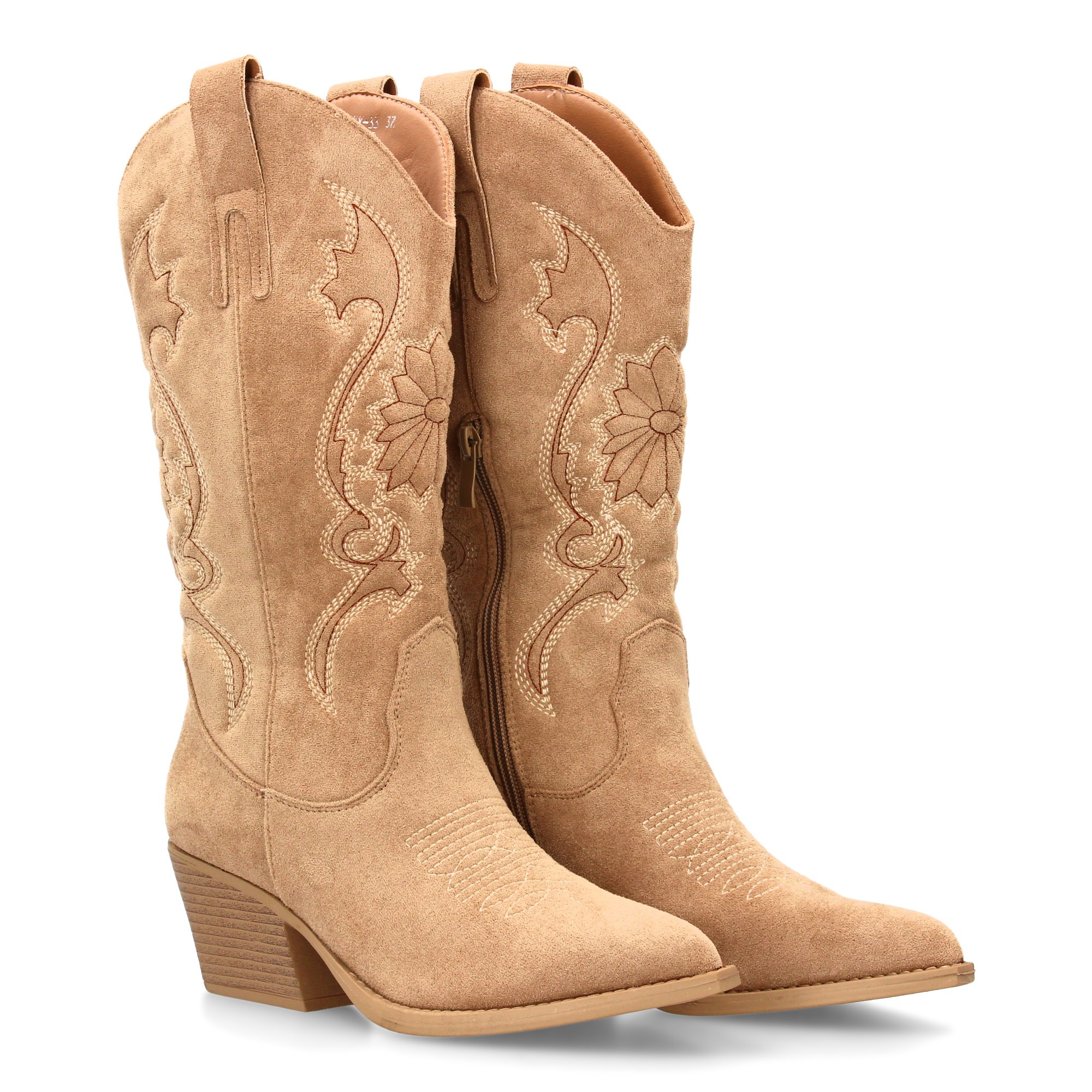 Image of High-heeled Cowboy Boot With Embroidery For Women. Medium Heel And Fine Point, Smooth Print. Style And Zipper Closure, Ideal For Autumn-winter Season.