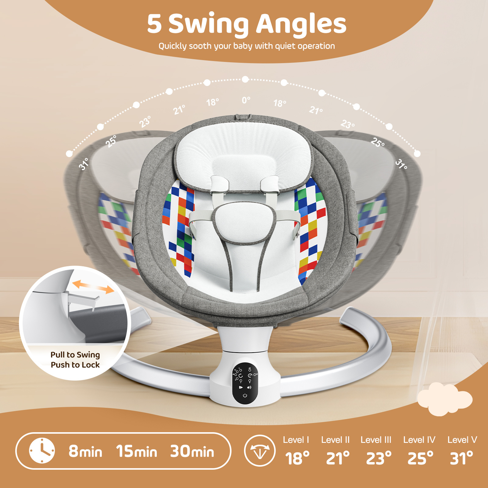Smart Electric Baby Rocker - 5-Point Safety Swing with 3 Timer Modes & 10 Soothing Songs - Wireless APP/IMD Panel Control for Hands-Free Comfort