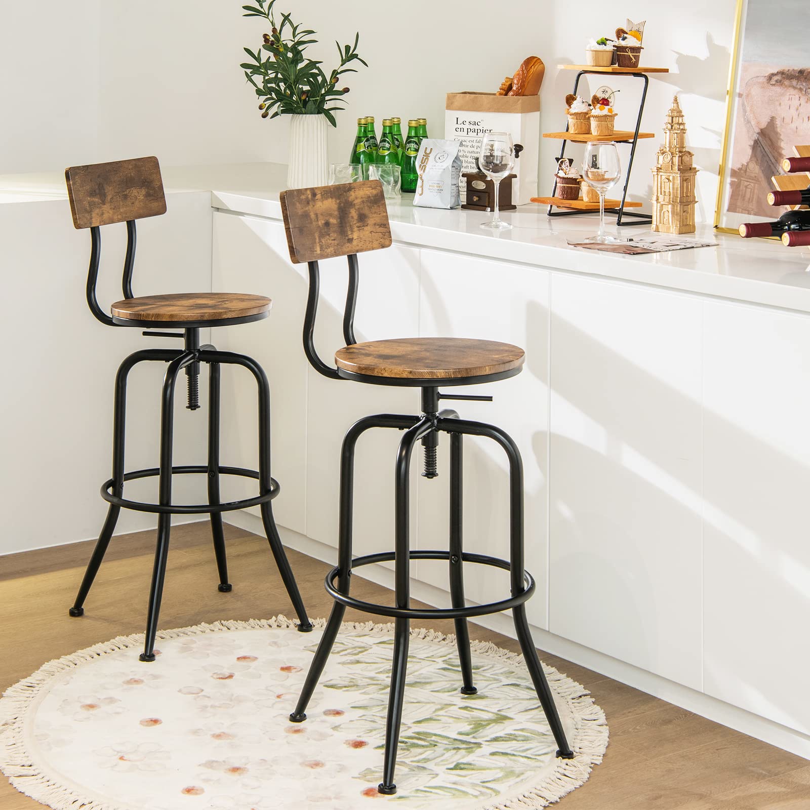 Industrial Bar Stool, 27-30 Inch Adjustable Swivel Counter-height Stool With Arc-shaped Backrest, Footrest, Round Seat, Metal Farmhouse Stool For Pub, Bistro, Island, Set Of 2