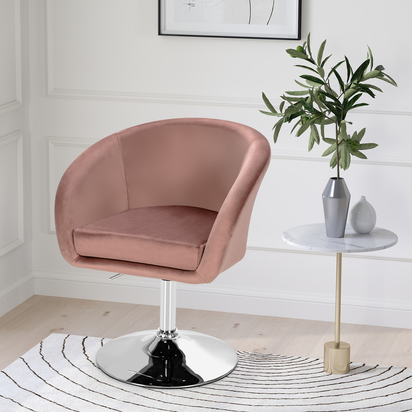 Image of Stylish Velvet Swivel Bar Stool, Modern Vanity Chair W/ Adjustable Height, 360° Rotating, Metal Base, Elegant Makeup Stool W/ High-density Sponge For Vanity, Office, And , Pink