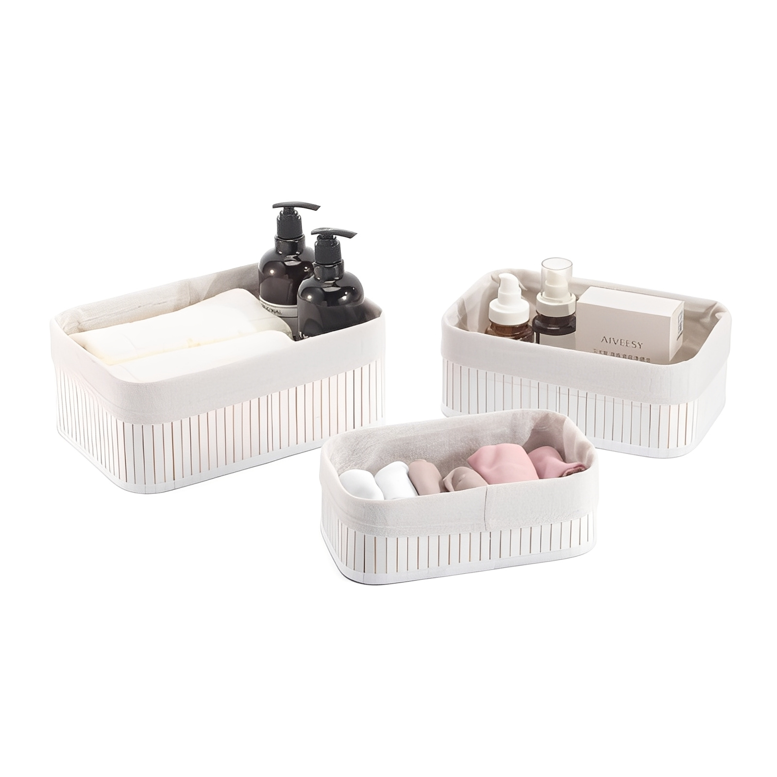 TEMU HOME Set de 3 Cestas de Ordenación de Bambú con Forro de Lino - Grande: 30 x 20 x 12 cm - : 28 x 18 x 10 cm - Pequeña: 25 x 15 x 8 cm.