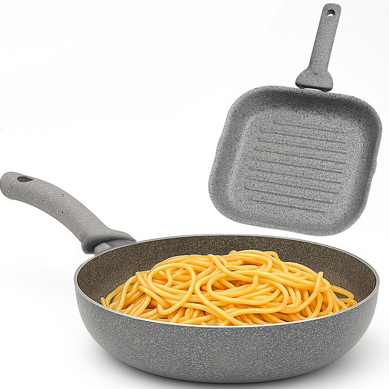TEMU Bakaji Set: Nonstick Stone Effect 32 Cm Frying Pan And 24 X 24 Cm Griddle Pan, Heat-resistant Handle, Ideal For Gas Stoves, Cooking