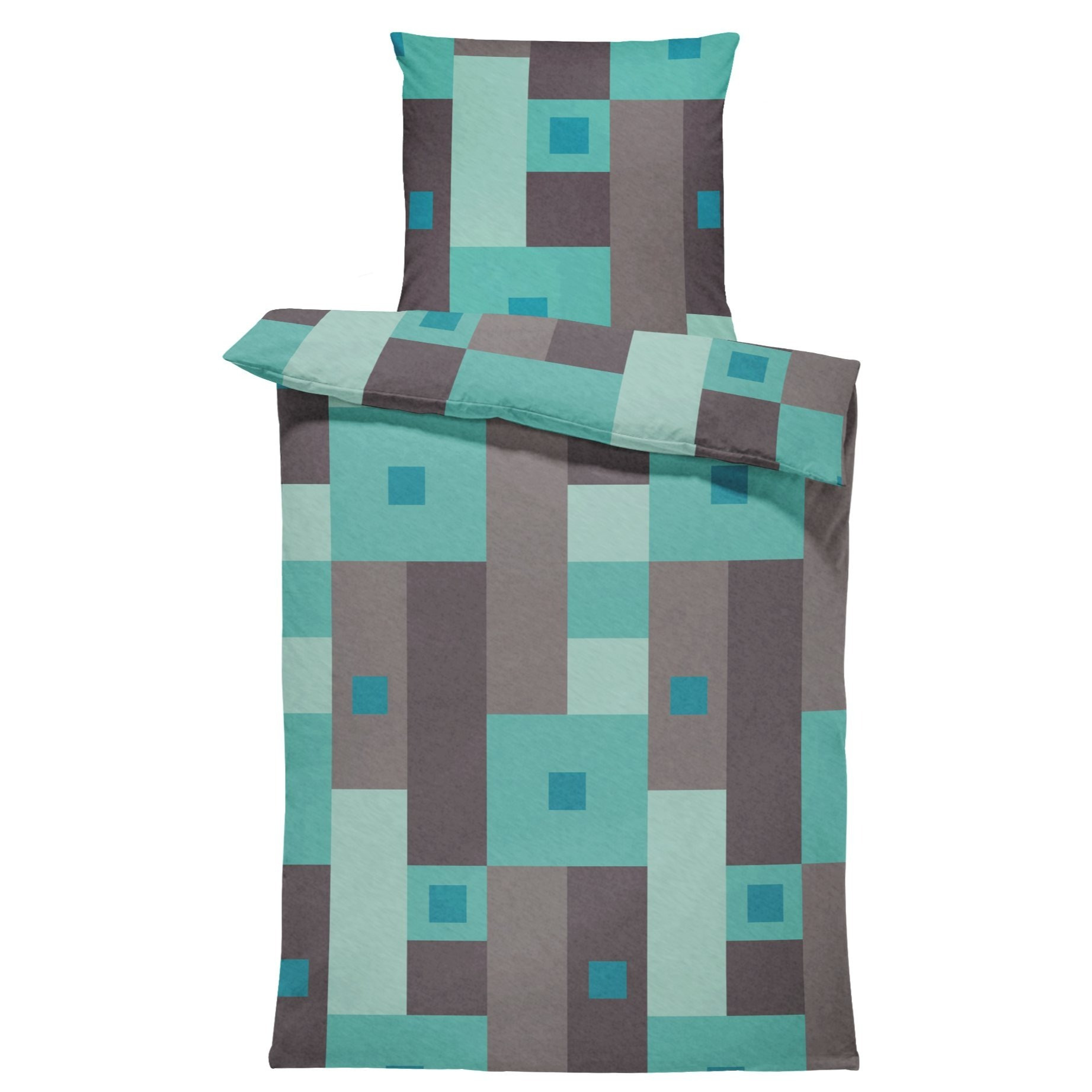 Winter Bed Linen, Checked, Turquoise, , Grey, Modern Fleece, Soft, Cuddly, Warm, Soft Bed Covers Including Pillowcase 80x80 Cm With Zipper