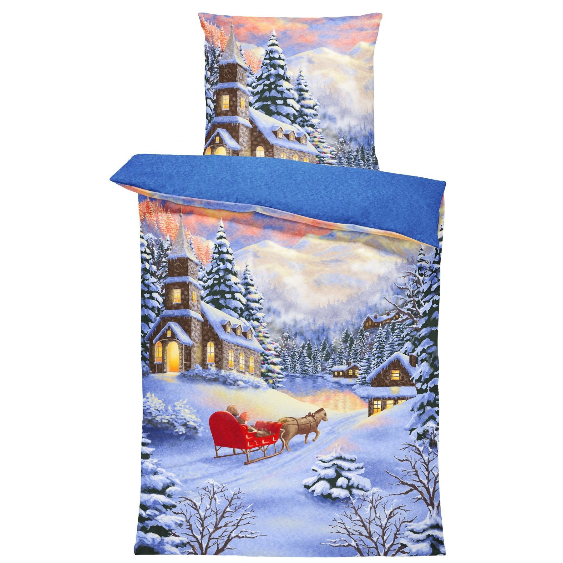 E-shop Winter Bettwäsche 135x200 cm Weihnachten Weihnachtsmann blau Fleece Flauschig Kuschelig Warme Weiche Bettbezüge inkl. Kissenbezug 80x80 cm mit