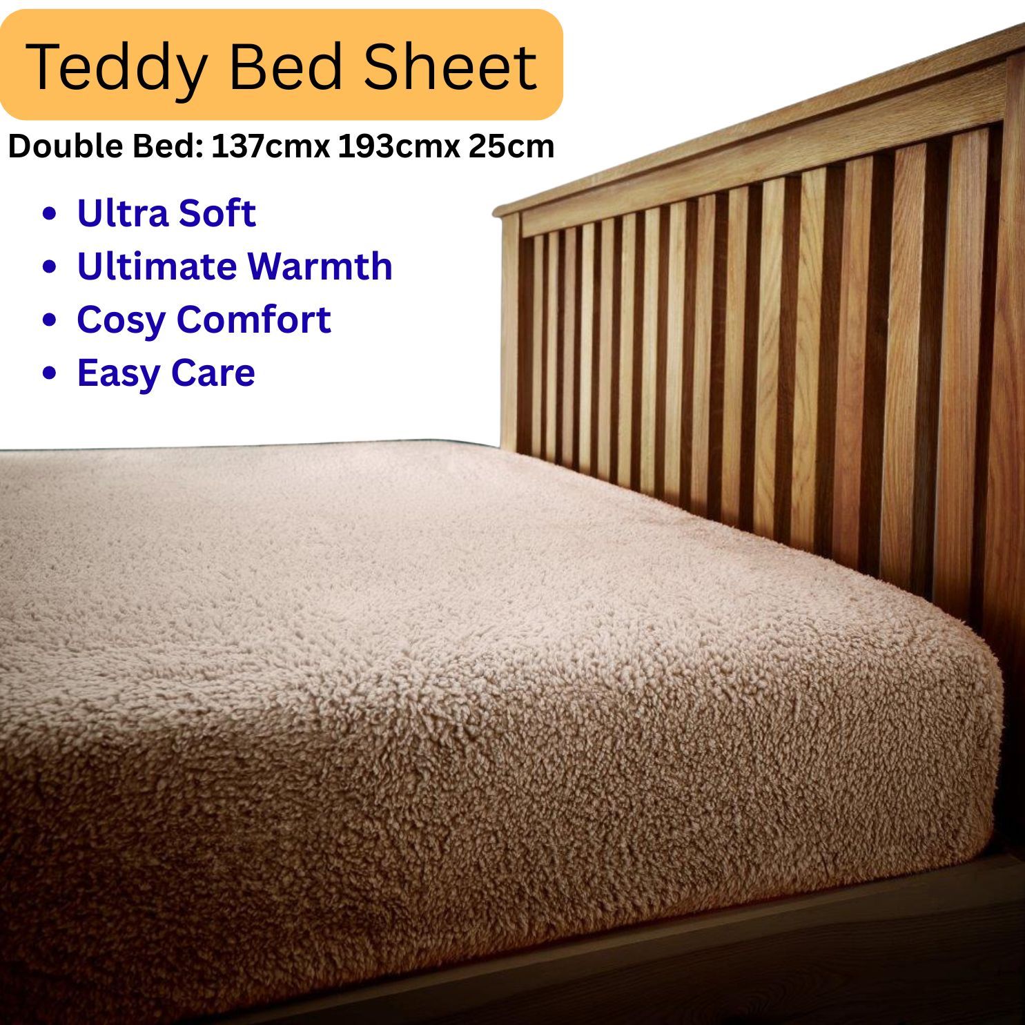 TEMU Luxury Teddy Brushed Fleece Fitted Sheet Mink | Bed Linen With Elastic Corners 25cm Deep Pocket | Plain Dyed Super Soft And Winter Bedding |