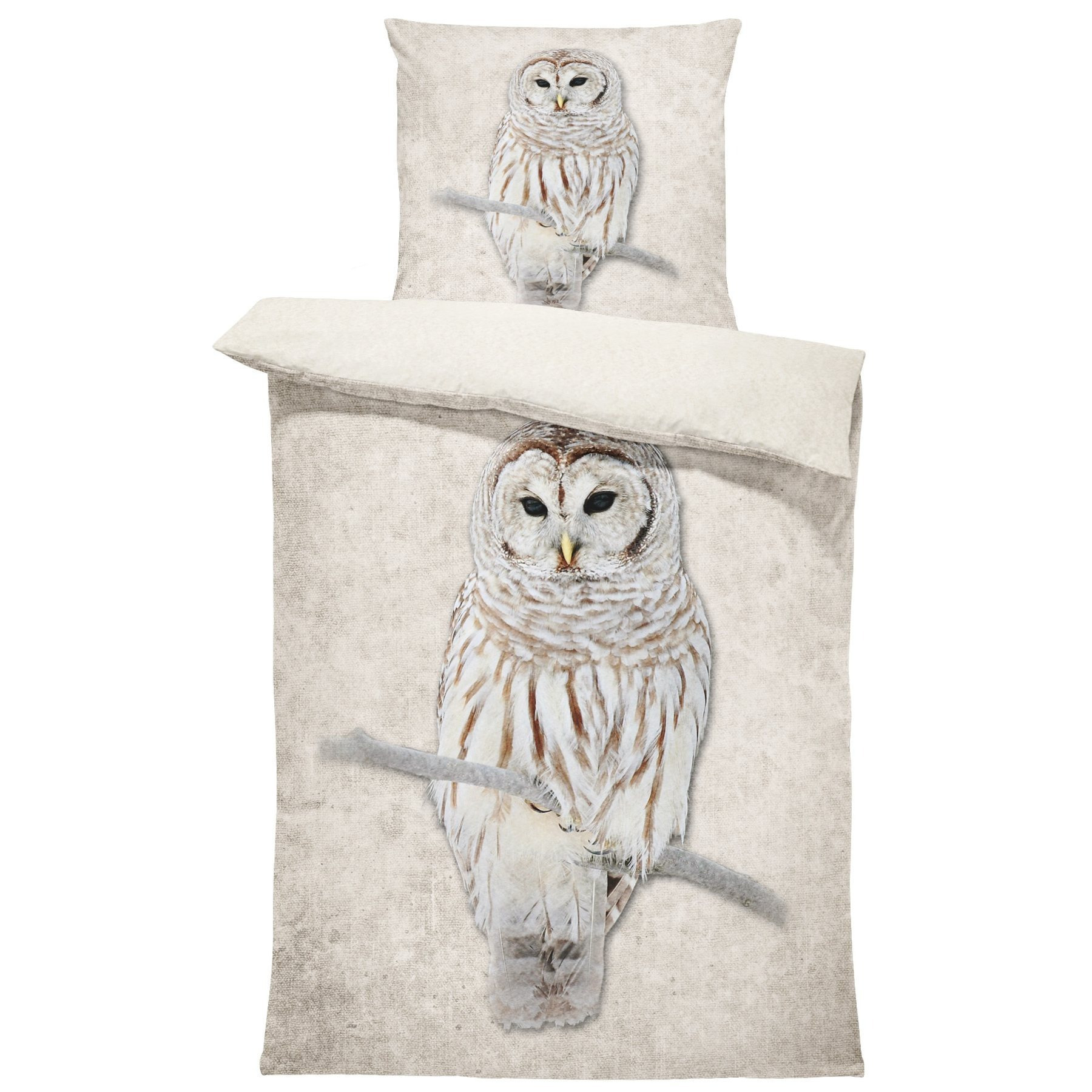 E-shop Winter Bettwäsche 135x200 cm Eule beige natur Fleece Flauschig Kuschelig Warme Weiche Bettbezüge inkl. Kissenbezug 80x80 cm mit Reißverschluss