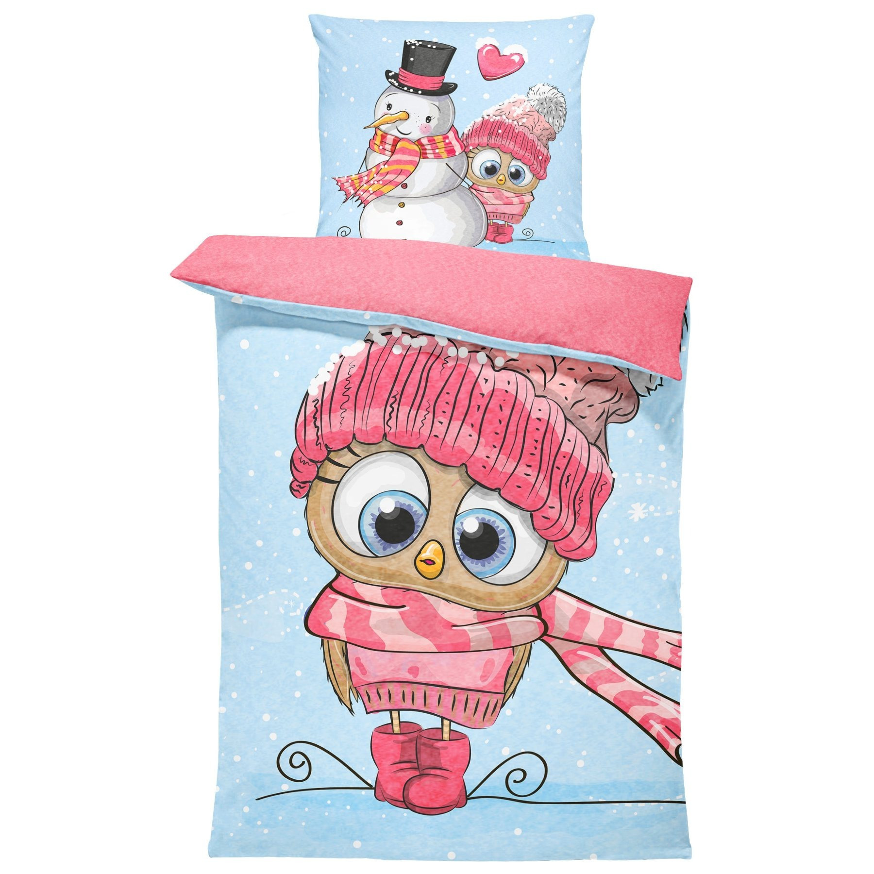 E-shop Winter Bettwäsche 135x200 cm Schneemann süße Eule Herzen rosa blau Fleece Flauschig Kuschelig Warme Weiche Bettbezüge inkl. Kissenbezug 80x80 cm