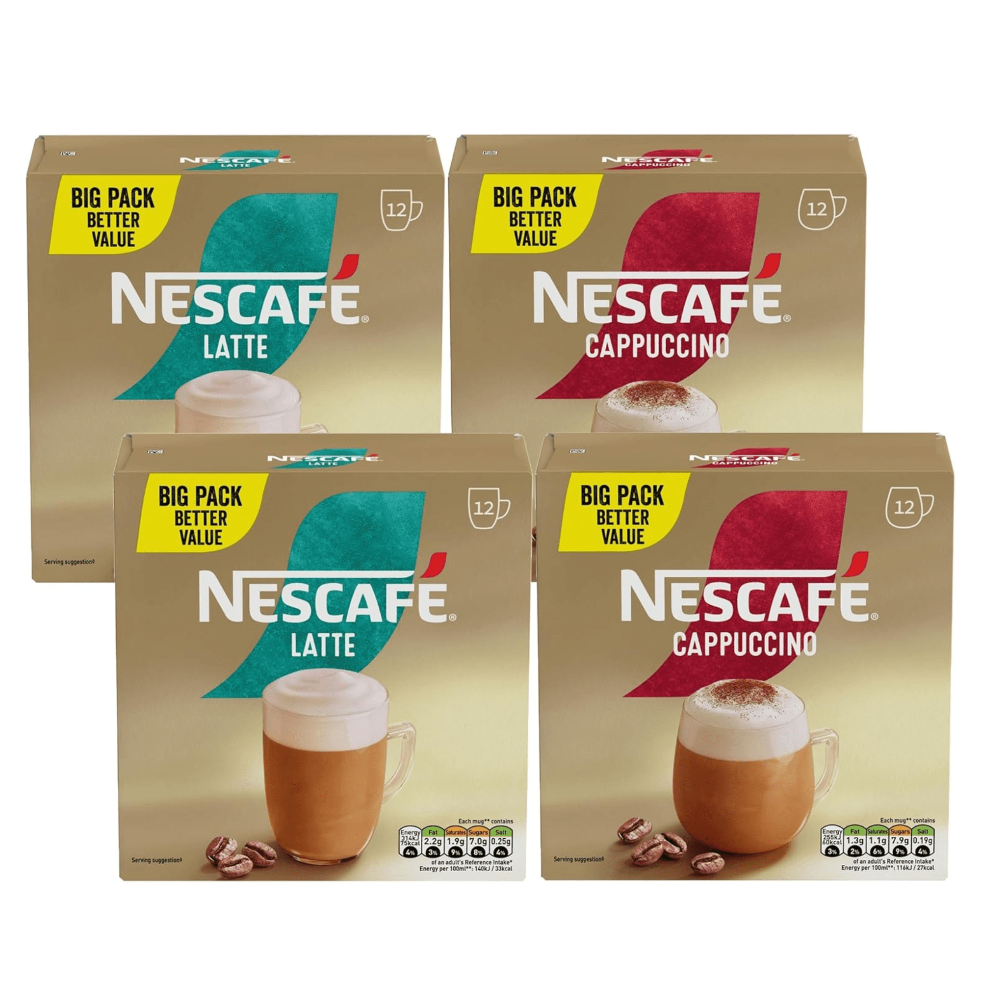 TEMU Nescafe Cappuccino & Latte Instant Coffee Sachets Variety Pack – 24 X 15.5g Cappuccino + 24 X 18g Latte
