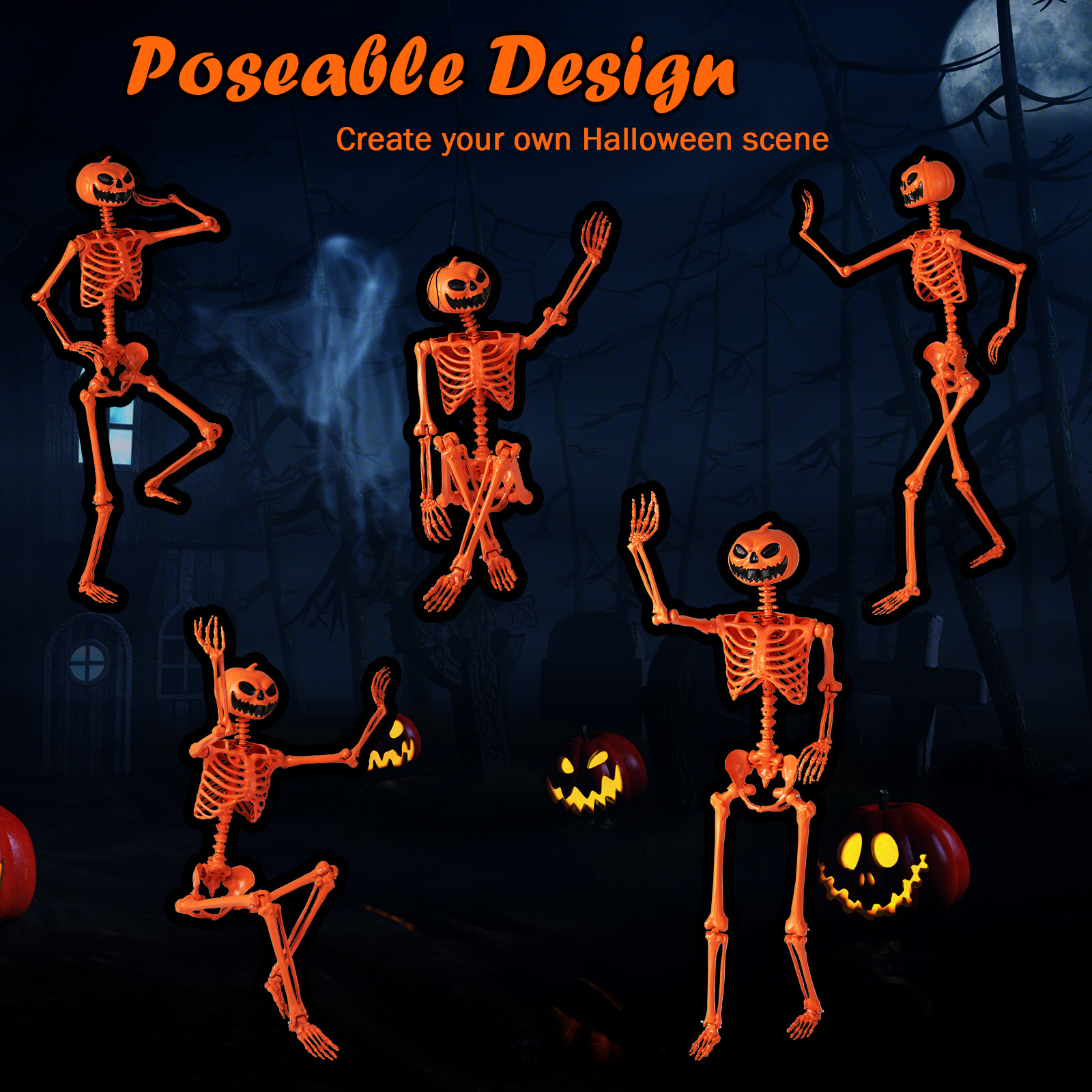 158 Cm Orange Halloween Skeleton, Life-size Poseable Skeleton With And Movable Joints For Graveyard Prop, Indoor Outdoor Decoration, Haunted House And Party