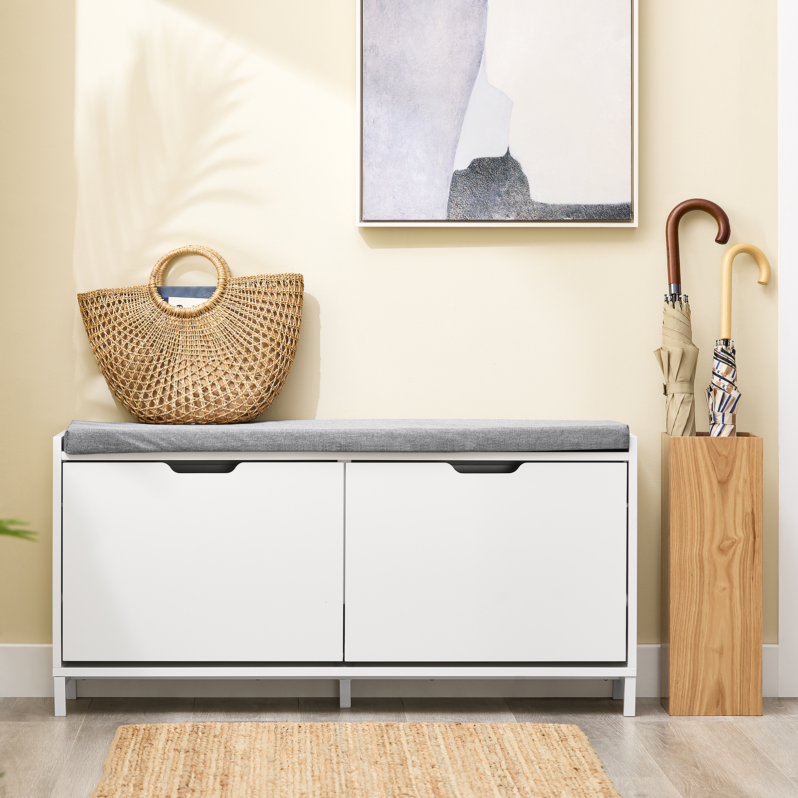 Image of 1pc Shoe Rack Shoe Bench - Shoe Arrangement With 4 Compartments - Comfortable Cushion - Load Capacity 250 Kg - Entrance Of White Wood 105 X 24 X 52 Cm - Sobuy Gts262-m-x