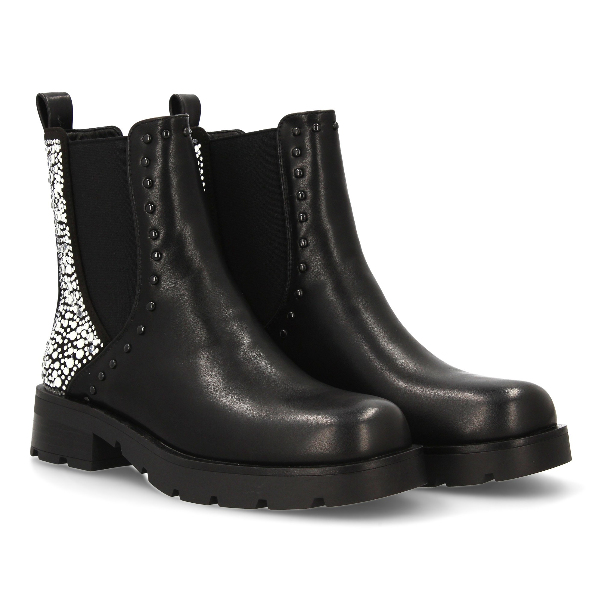 Chelsea Boot With Smooth Print. Shiny Studs On The Heel. Zip Closure. Ideal For Women In -winter Season.