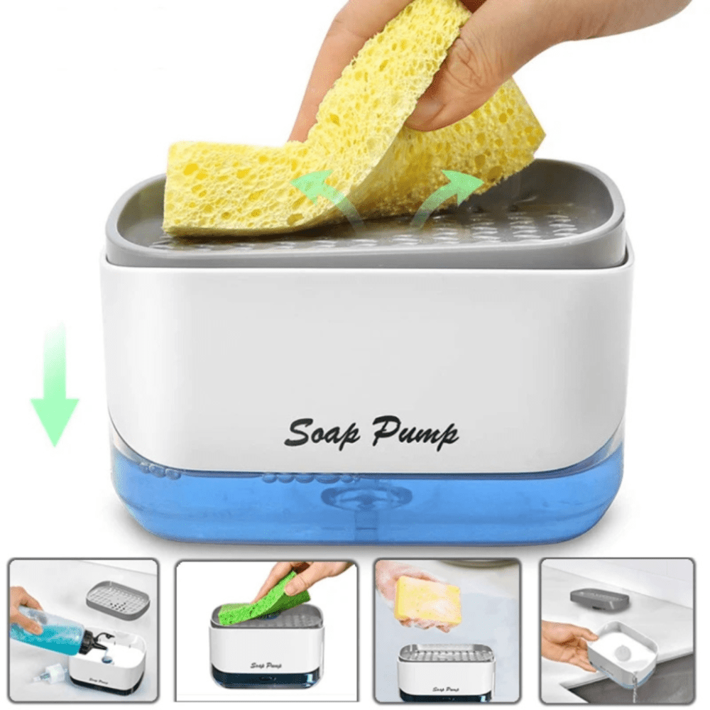 Soap Pump & Sponge Caddy – One-Handed Press Dispenser with Non-Slip Base, Sink Organizer