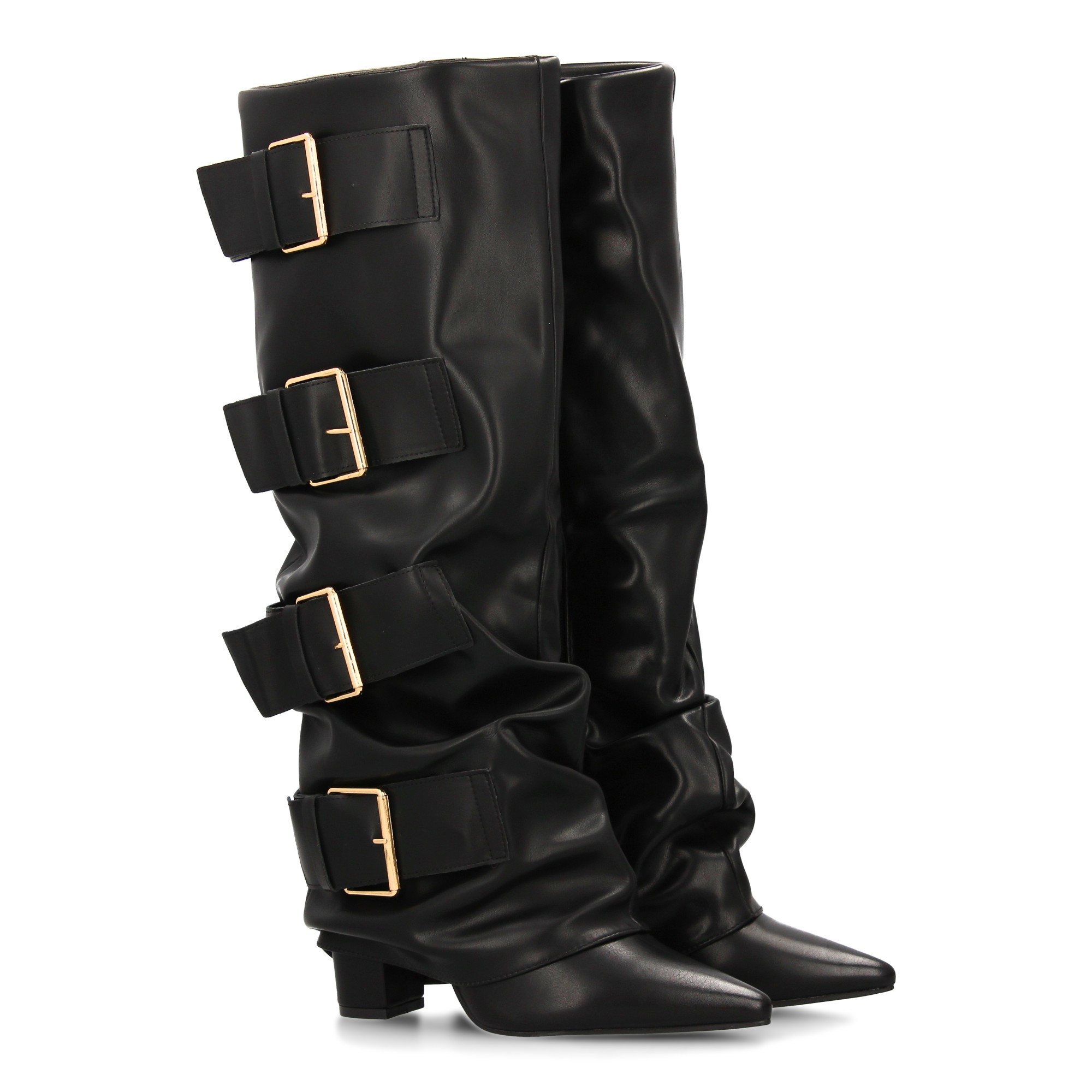 Image of High Boots For Women With Buckles And Lined Effect. Pointed Toe And Comfortable Heel, Modern And Elegant Style, Perfect For Fall And Winter Season