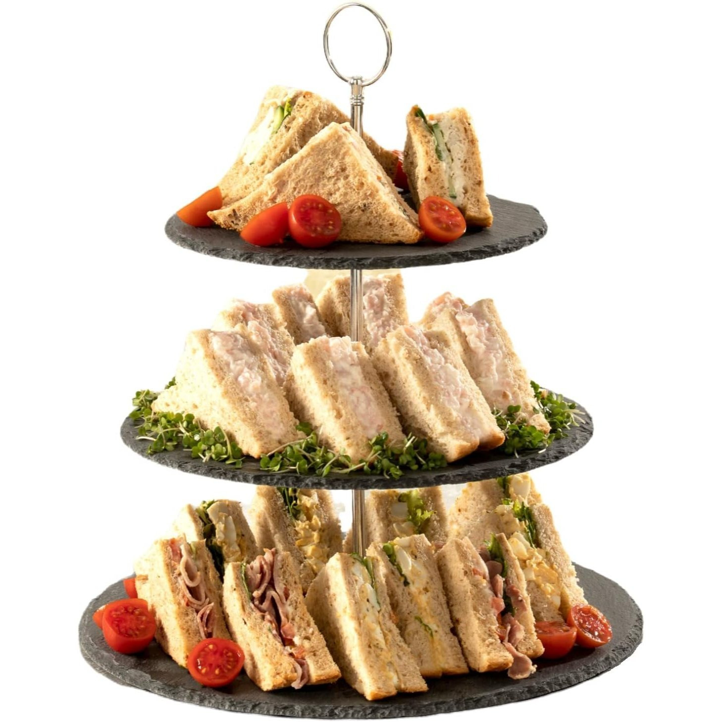 TEMU Homiu 3-tier Slate Cake Stand – Natural Slate & Stainless Steel Display Stand For Sandwiches, Cupcakes, Fruit & Afternoon Tea – Ideal For