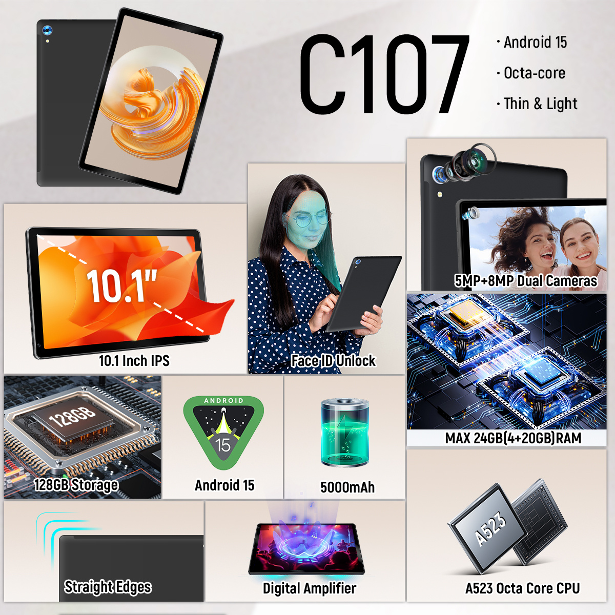 10.1 Inch Android 15 Tablet, Android Tablet, 24 (4+20)GB RAM, 128GB ROM,1TB Expandable, Face lD Unlock, Octa-Core, 5000mAh Battery, 5MP+8MP Dual Cameras, Tablet Only/Tablet with Keyboard,Mouse,Case,Stylus pen, NEWEST Tablet, Christmas gift, Halloween gift, Black