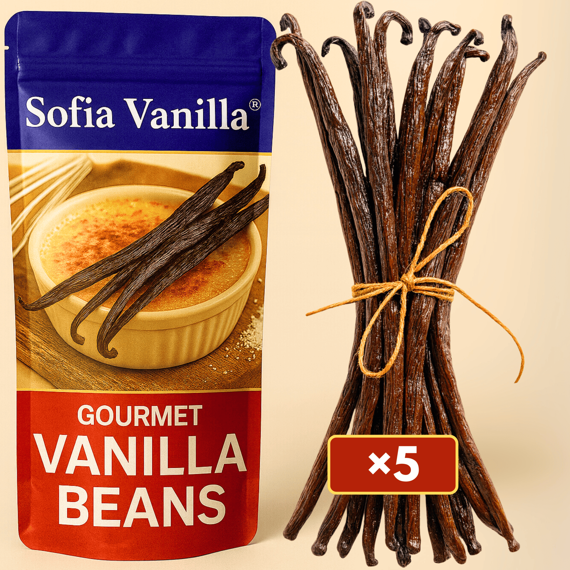 Image of 5 Premium Vanilla Pods • Grade A Quality Vanillas • Soft And Fleshy Pod • Ideal For Pastry And Cooking • Resealable Bag - Long Shelf Life • Sofia Vanilla Prestige Selection