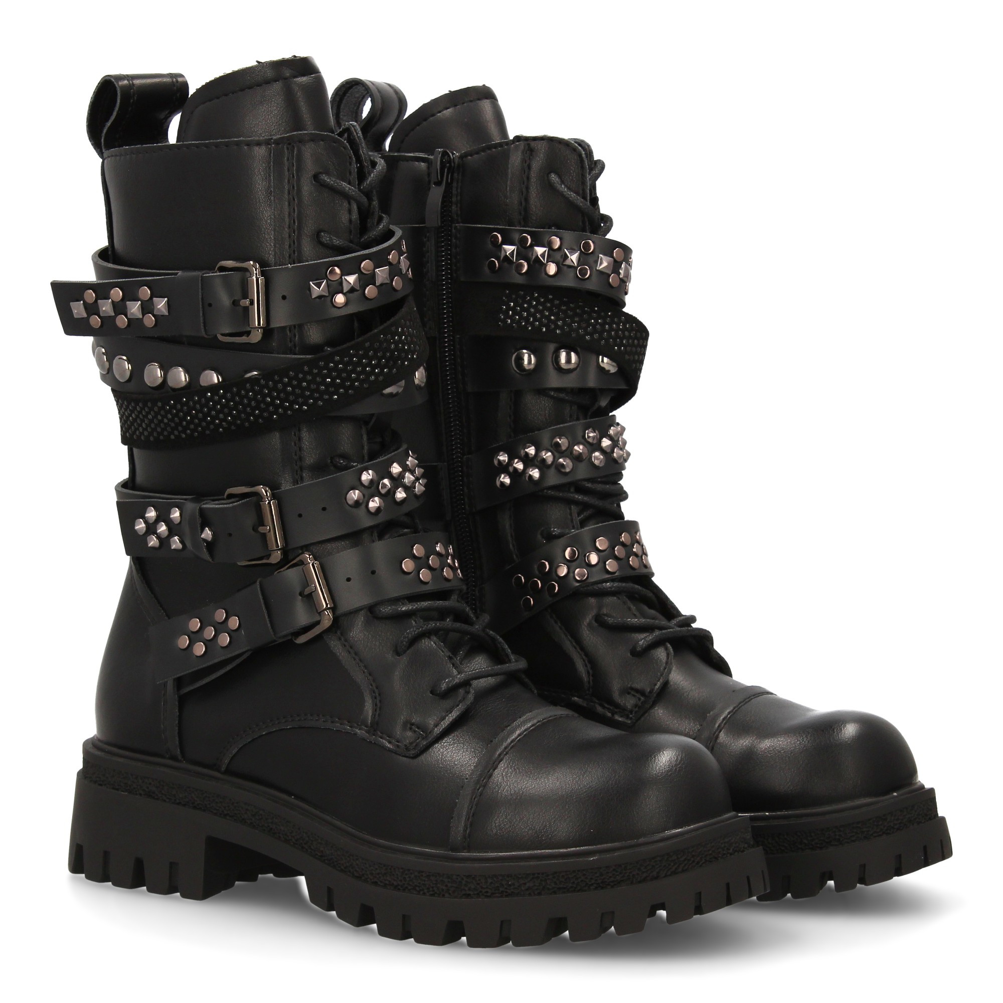Image of Military-style Boots, Design, Multiple Straps With Metal Buckles, And Platform. Thick Treaded Sole, Perfect For Women In Fall And Winter