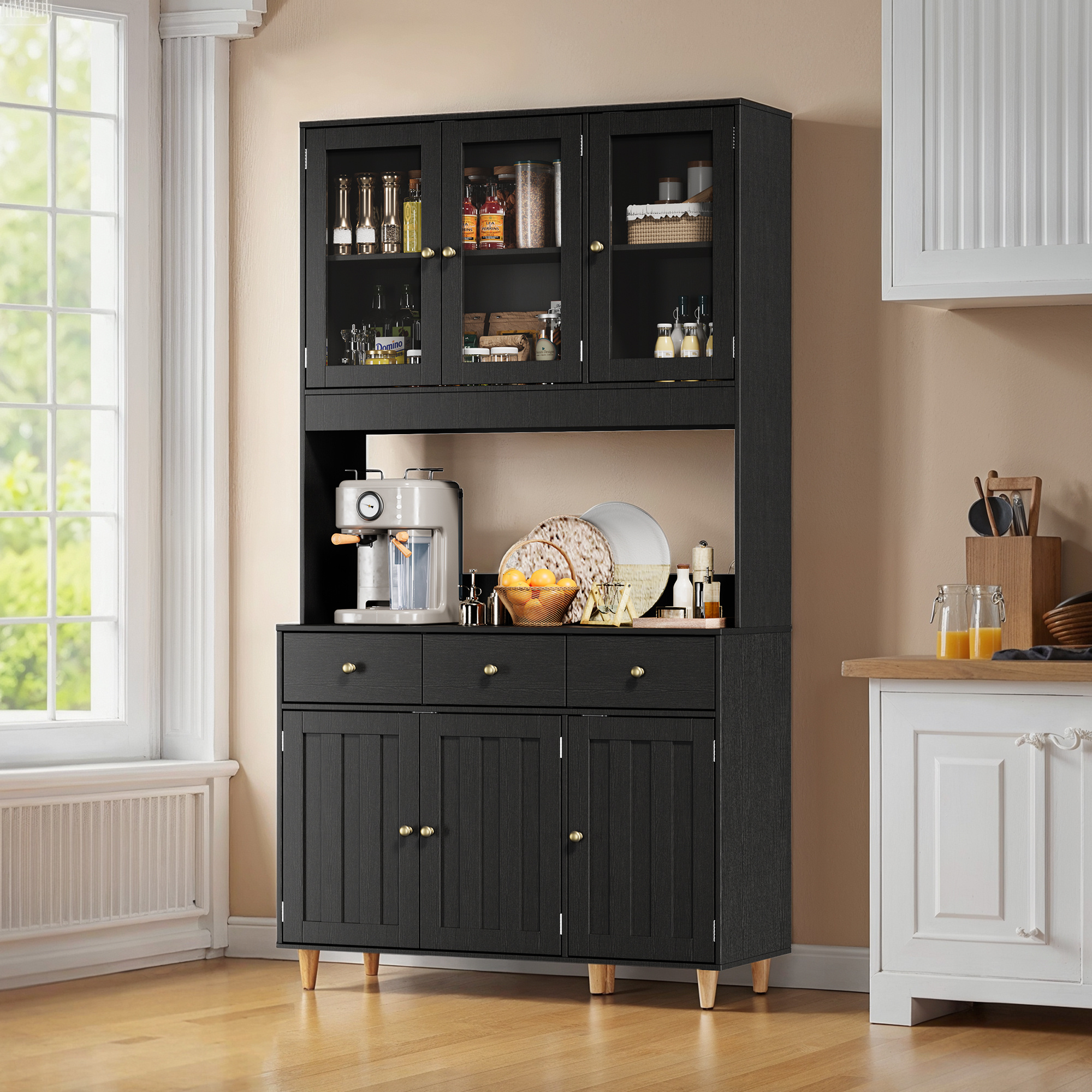 Kitchen Cabinet | Glass Front & Open Shelves || 100x38x180 Cm | White/black