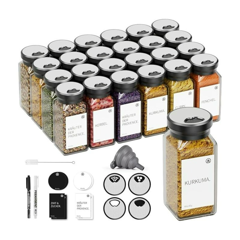 E-shop 12/24pcs Gewürzgläser Eckig,120ML Gewürzdosen Set mit Streueinsatz,Gewürzstreuer mit Rund Drehdeckel-Starke Versiegelung,Edelstahl-Glas Gewürz