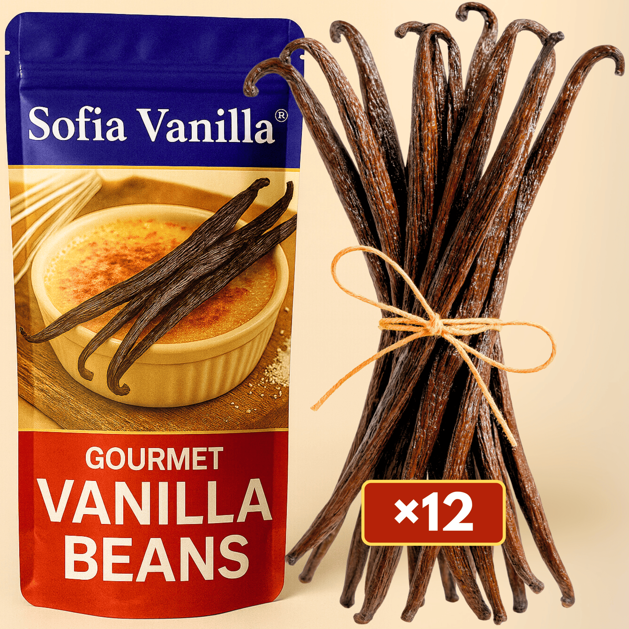 Image of 12 Premium Vanilla Pods • Grade A Quality Vanilla • Soft And Fleshy Pods • Ideal For Baking And Cooking • Resealable Bag - Long-lasting Freshness • Prestige Selection Sofia Vanilla