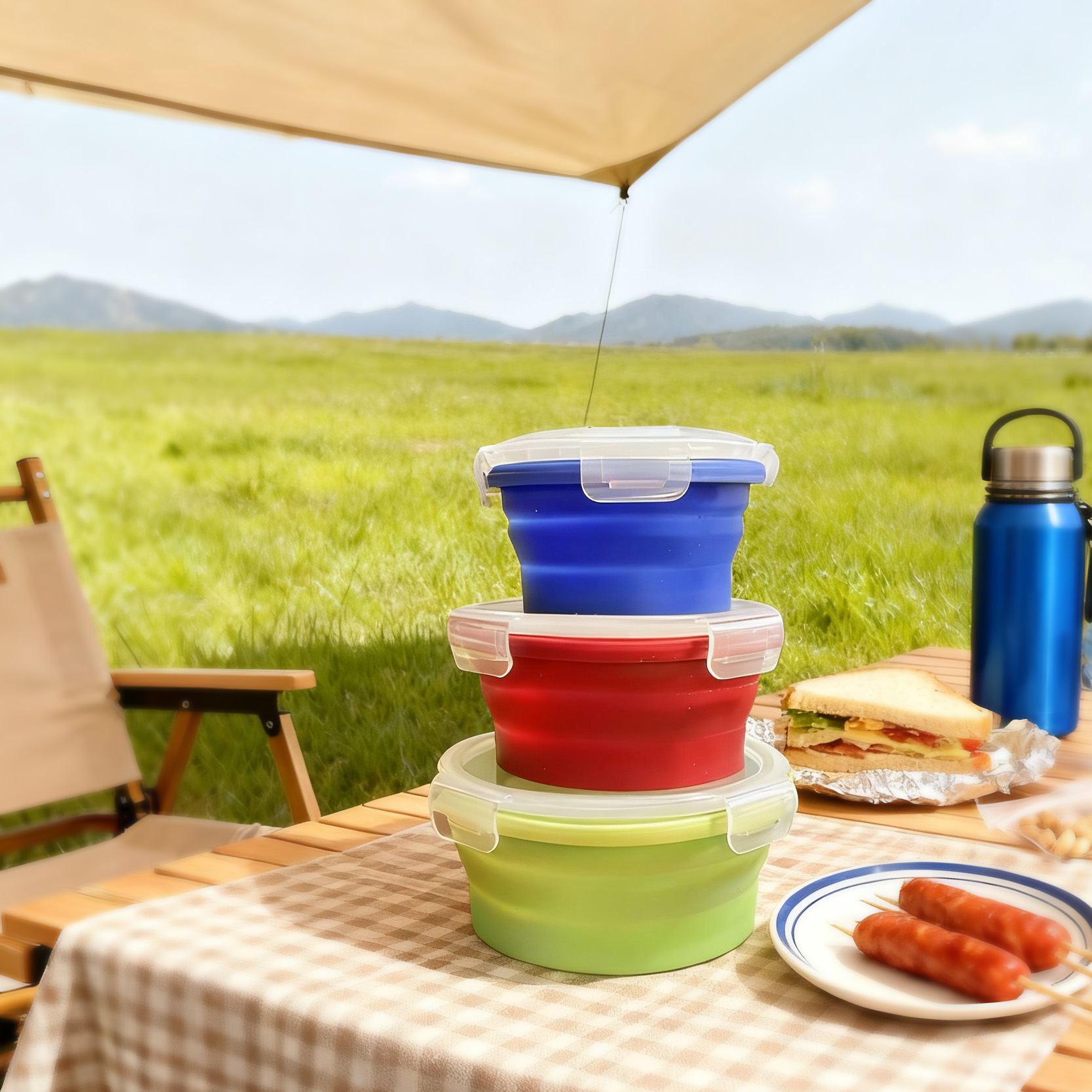 TEMU Set di 3 contenitori pieghevoli in silicone con coperchi, adatti al microonde, ciotole da portatili e ripieghevoli per campeggio e viaggio