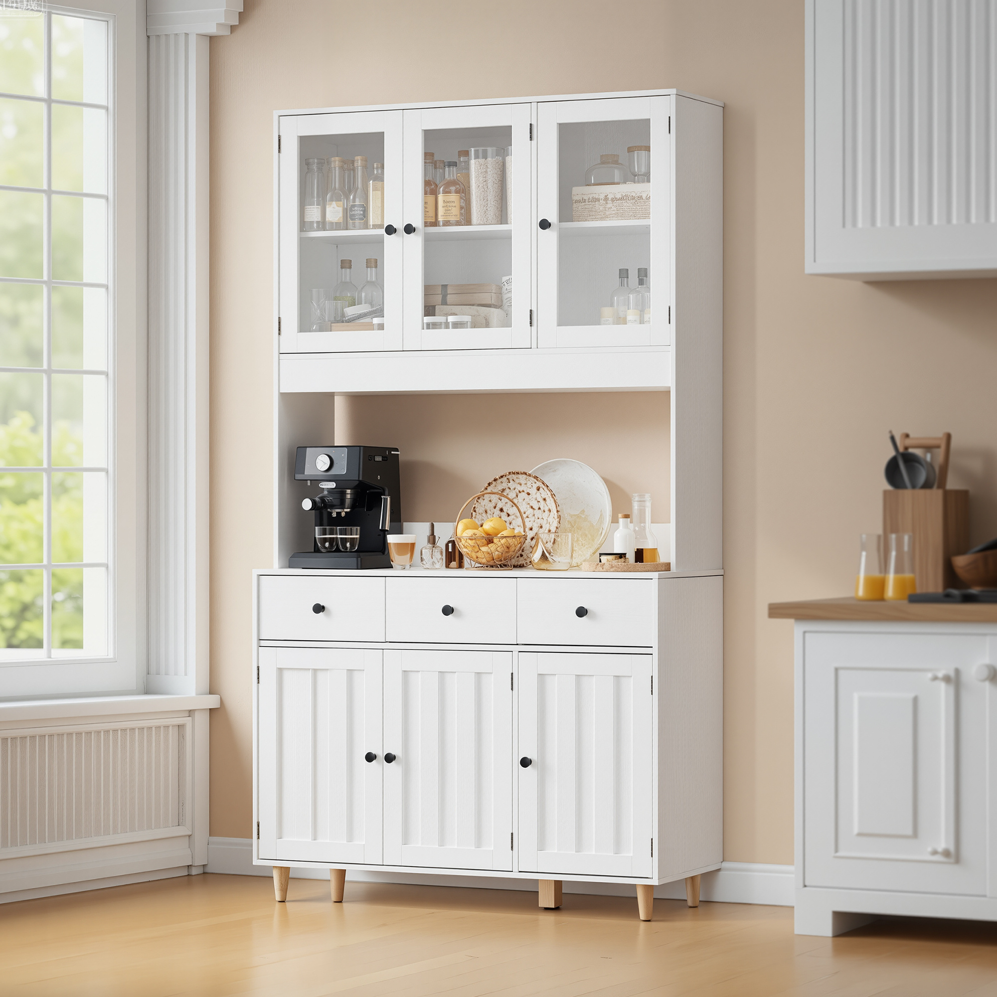 Image of Kitchen Cabinet | Glass Front & Open Shelves || 100x38x180 Cm | White/black