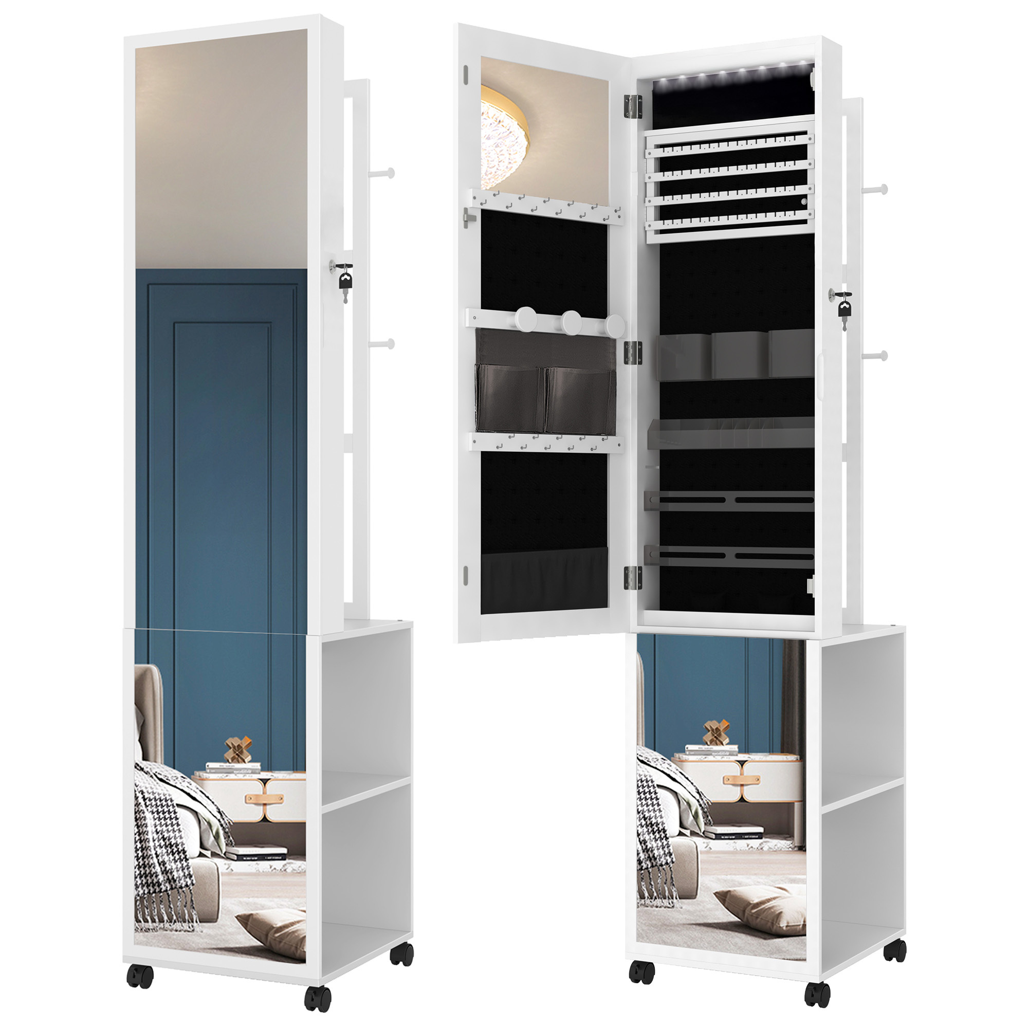 TEMU Armoire à Bijoux 8 LEDs, 175cm Organisateur de Bijoux sur Pied avec 1 Porte-Vêtements,Rangement Bijoux, Verrouillable sur Toute la Longueur avec