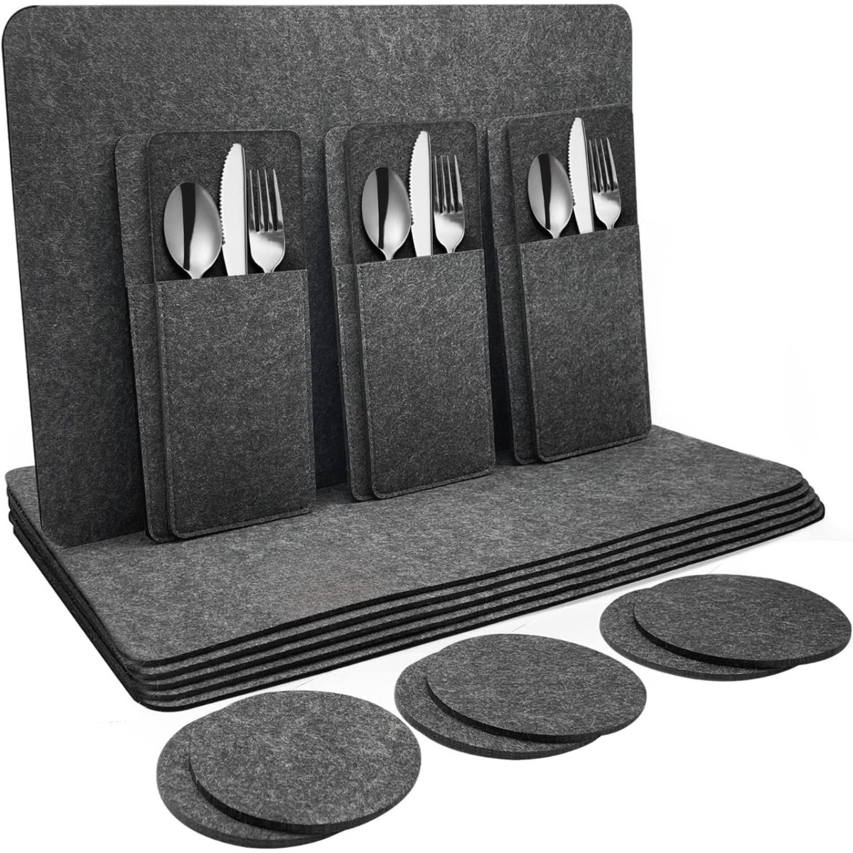 E-shop Tischsets Abwaschbar Platzsets aus Filz 18er Set, Abwischbar Tischsets, Hitzebeständig rutschfest Platzdeckchen mit Untersetzer, BestecksäCken