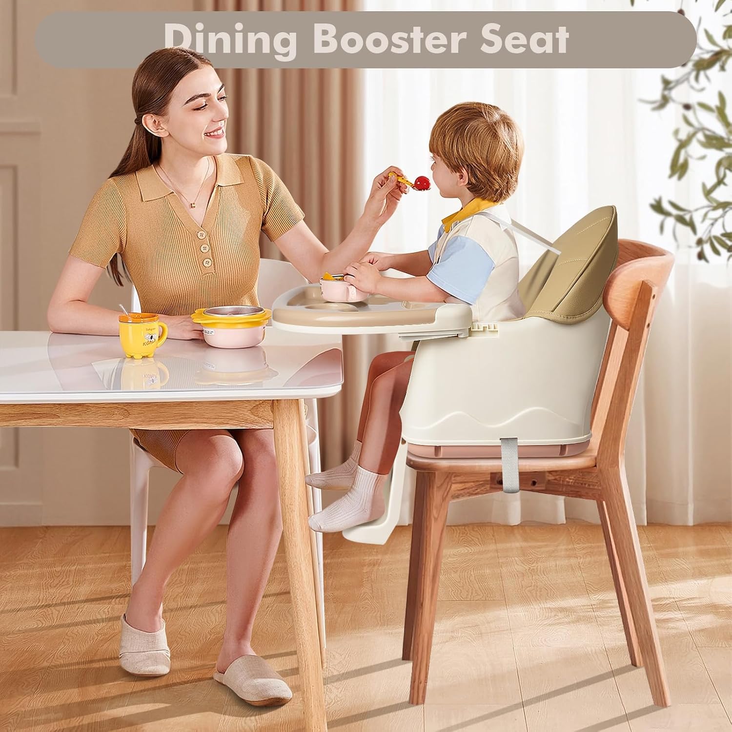 3-in-1 Hoge Stoel, Babyzitje, Tafel & Loopwagen – Draagbare Kinderstoel met Dienblad en Wieltjes, Beige/Blauw