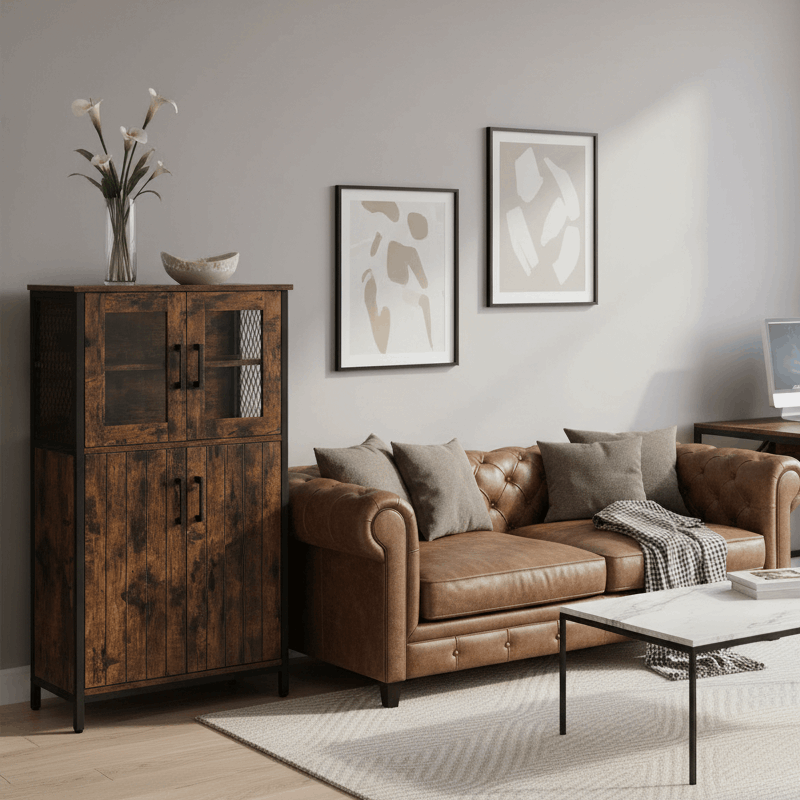 E-shop Badezimmerschrank, 30 x 60 x 108 cm, Industriestil, vintagebraun-schwarz, Aufbewahrungsschrank, verstellbare Ablage, Industriestil,