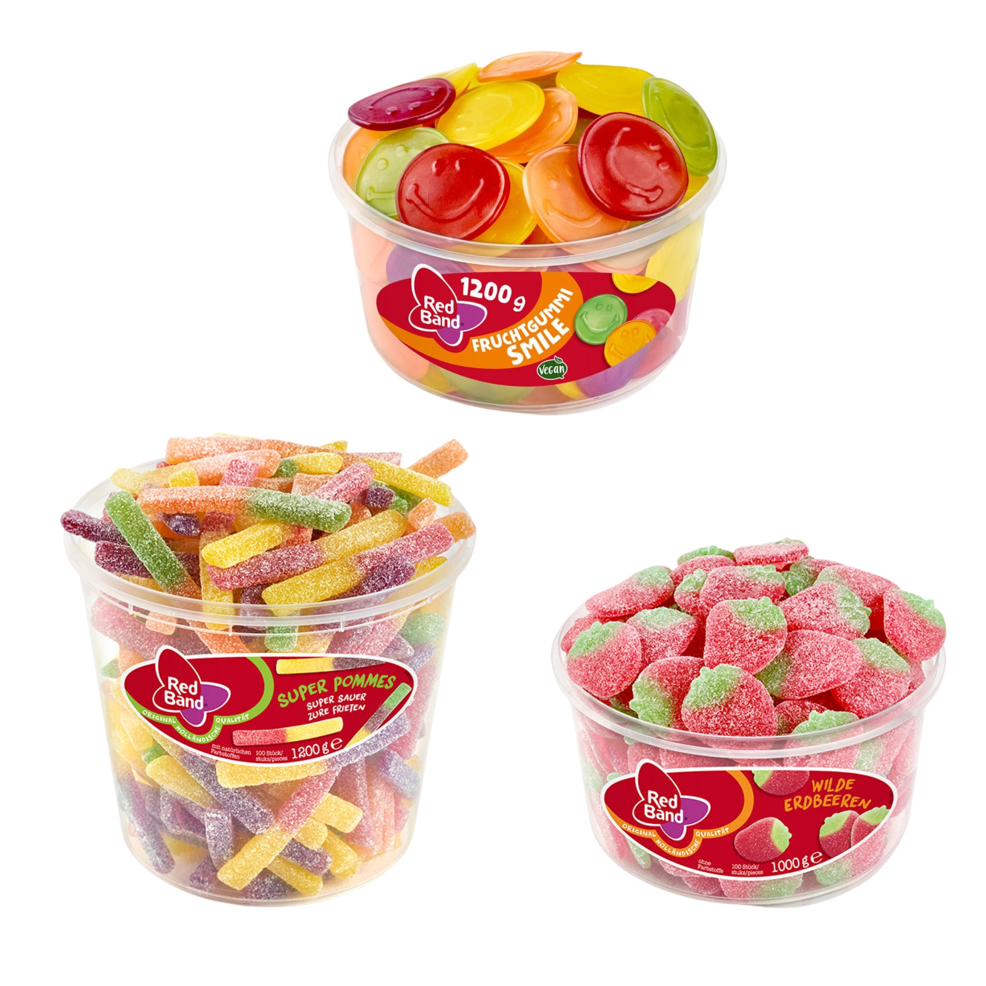 E-shop Red Band 3er Dosen Mix Set aus Wilde Erdbeeren 1kg, Super Pommes 1,2kg & Fruchtgummi Smile 1,2kg | Gesamtinhalt 3,4kg | Super Sauer Süßigkeiten