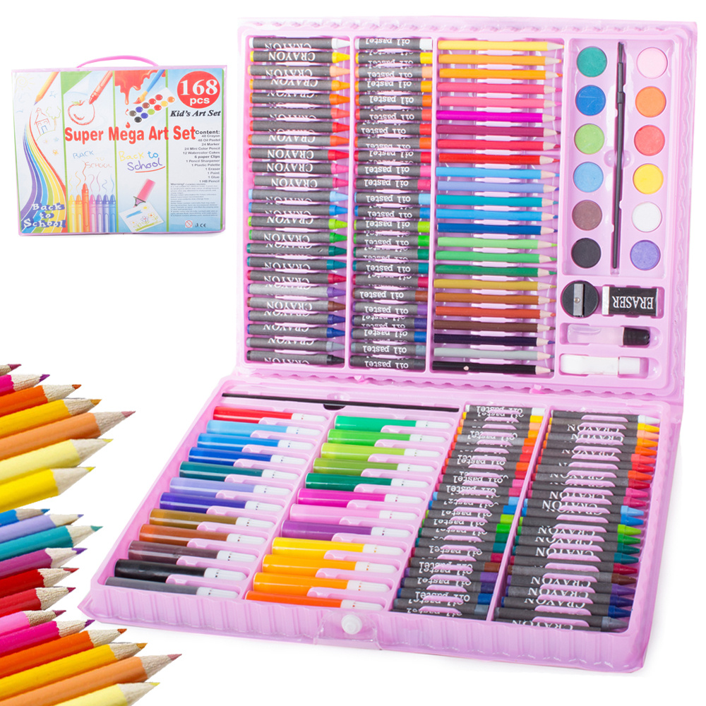 TEMU Artistic Painting Set With 168 Pieces: Pencils, Colored Pencils, Crayons, Oil Pastels, Markers, Watercolors, Paint Pens, Eraser, Glue, , Clips,