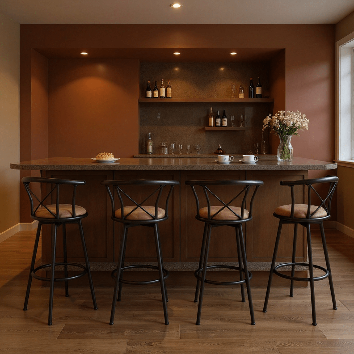 Meuble Cosy 4pcs Bar Stool With Seat Height 75.5cm, Suede Upholstered, Metal Frame With Footrest, Retro Design, For Kitchen Or Home Bar Brown 56 X 98.5 Cm