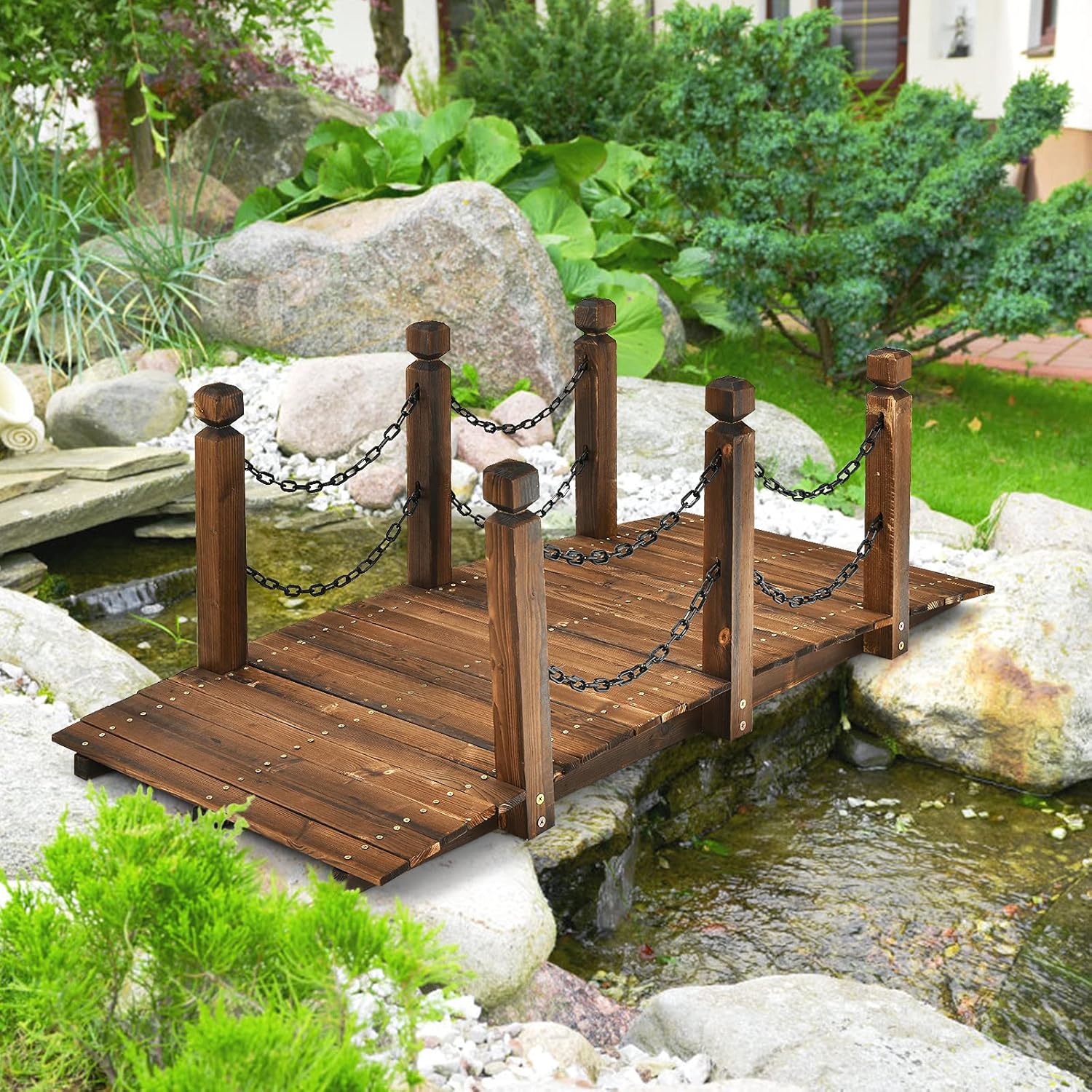 150 Cm Wooden , Classic Arc With Safety Railings And Chains, Decorative Landscaping Bridge