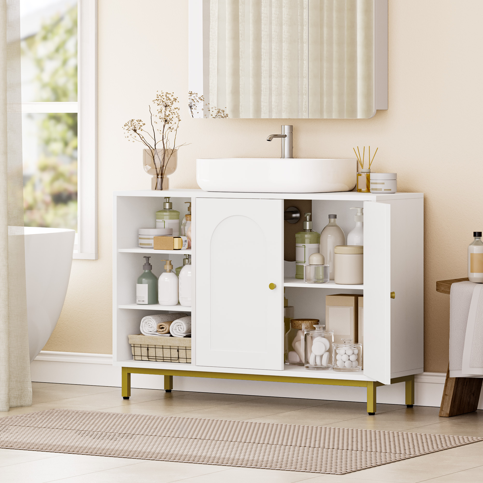 TEMU Mobiletto, Sottolavandino Armadietto Sottolavabo Scaffale per Il Bagno con 2 Ante 2 Scompartimenti Ripiani Regolabili a di umidit� 30 x 90 cm