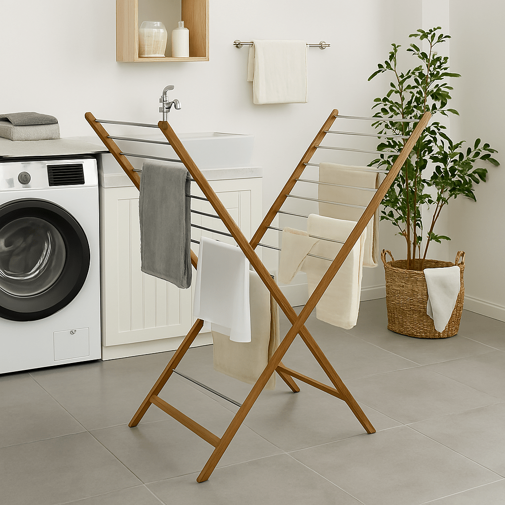 TEMU Séchoir à linge pliable XENIA 10 m – Étendoir design en bois & aluminium, pliable en X, anti-glissement, grande séchage, rangement compact, ,