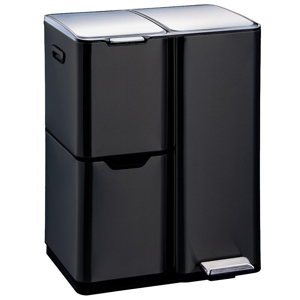 TEMU Haja 60l Triple Compartment Pedal Trash Can – 13l / 17l / 30l, Stainless Finish, Black, White, Or Matte Gray, Removable Buckets With Handles,