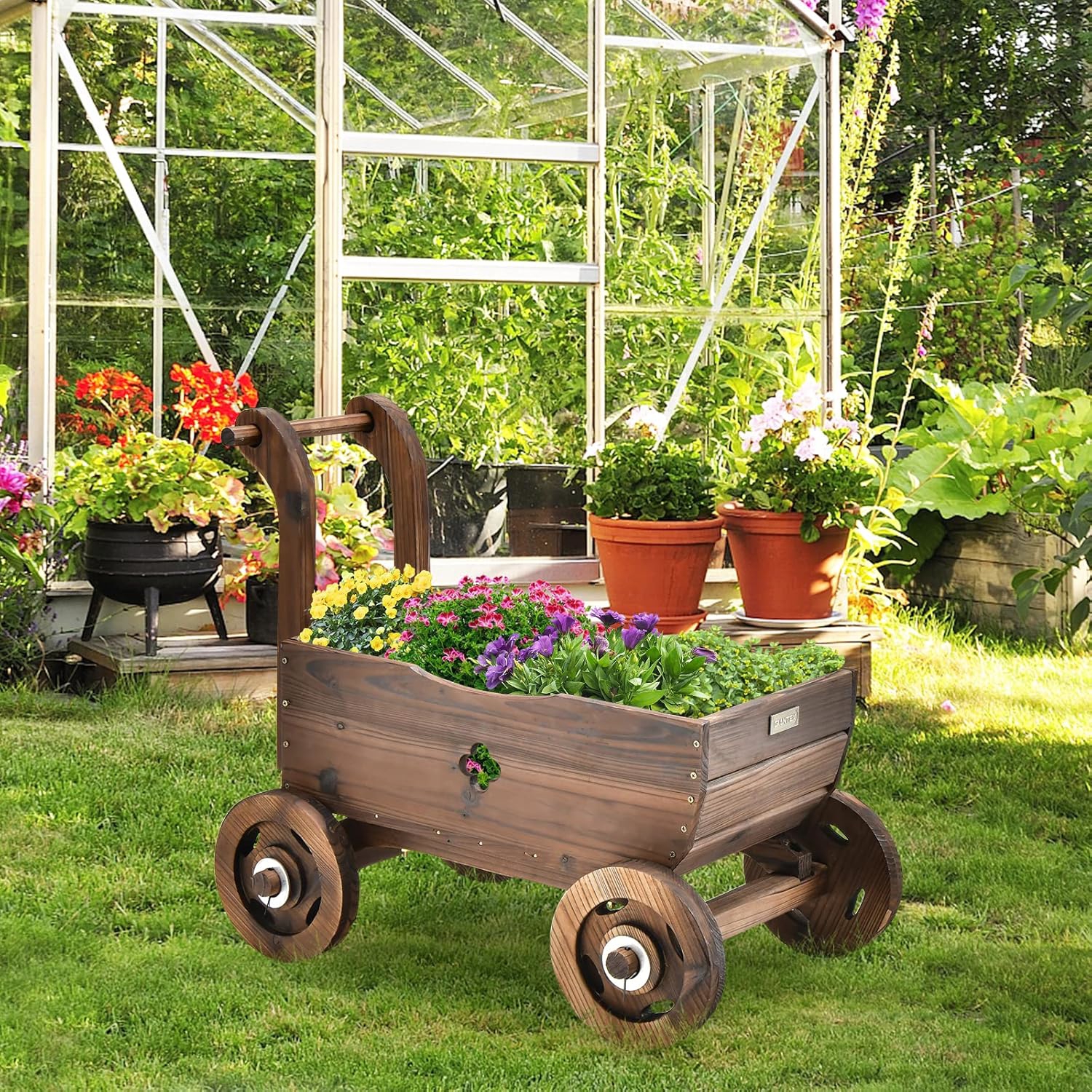 Image of Planter Box, Decorative Garden Planter With Wheels, Handle, Drain Hole, Rustic Wooden Flower Planter