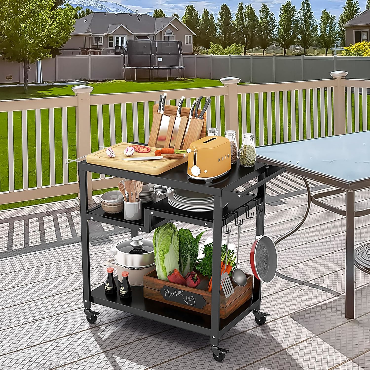 Image of Outdoor Grill Dining Cart, Movable Bbq Trolley Pizza Oven Stand With Shelves And Hooks