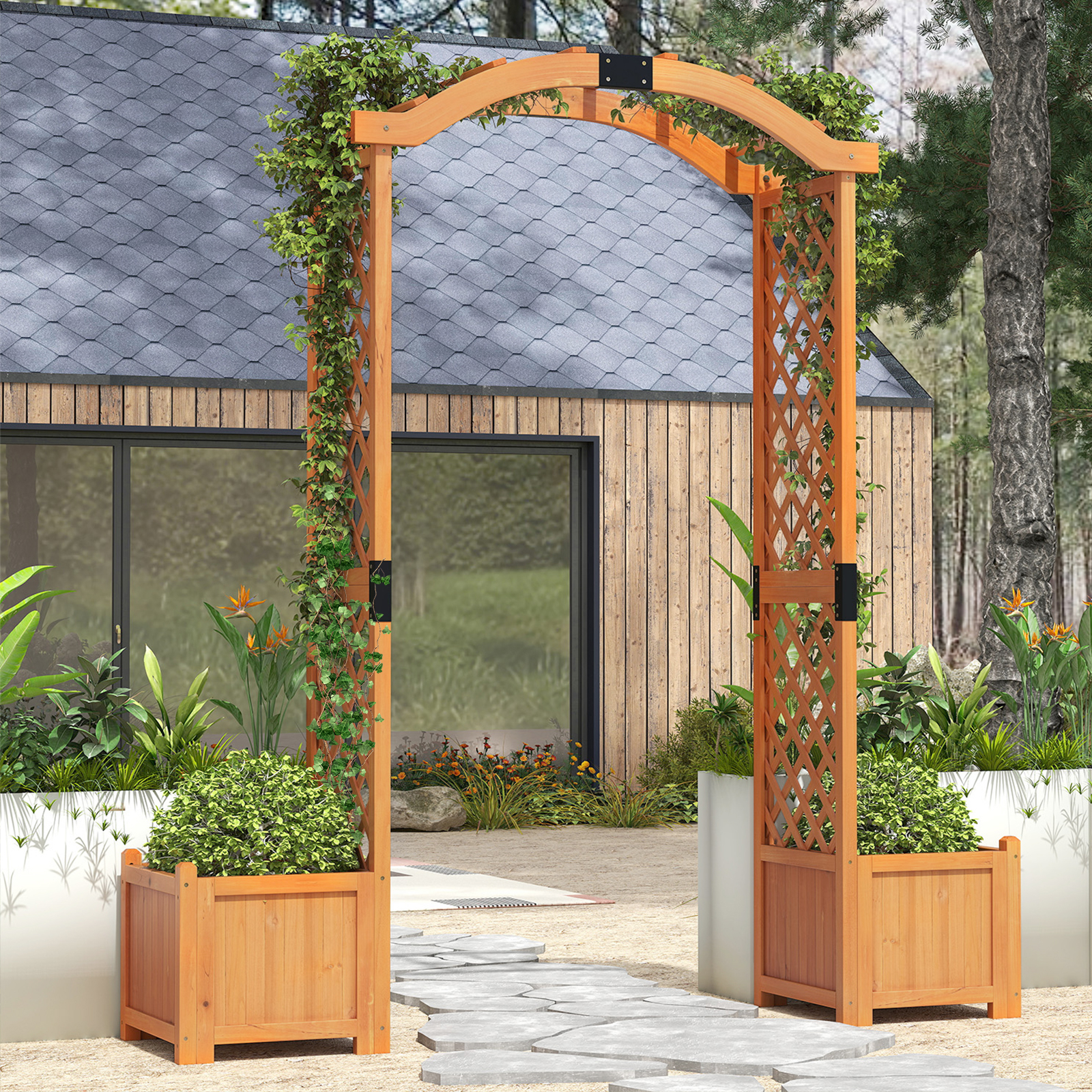 Image of Wood Garden With Planter Boxes, 79 Inch Tall Archway Trellis For Climbing Plants, Vegetables, Flowers, Outdoor Pergola For Yard, Lawn, Wedding Arch For Party Ceremony Decoration