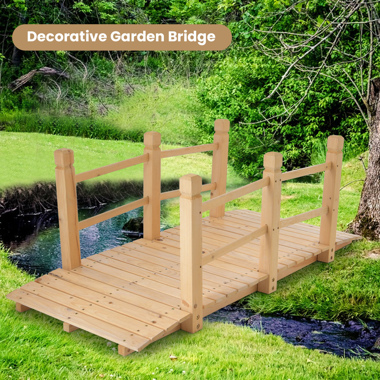5 Ft Wooden , Classic Arc With Double Safety Railings, Decorative Landscaping Bridge